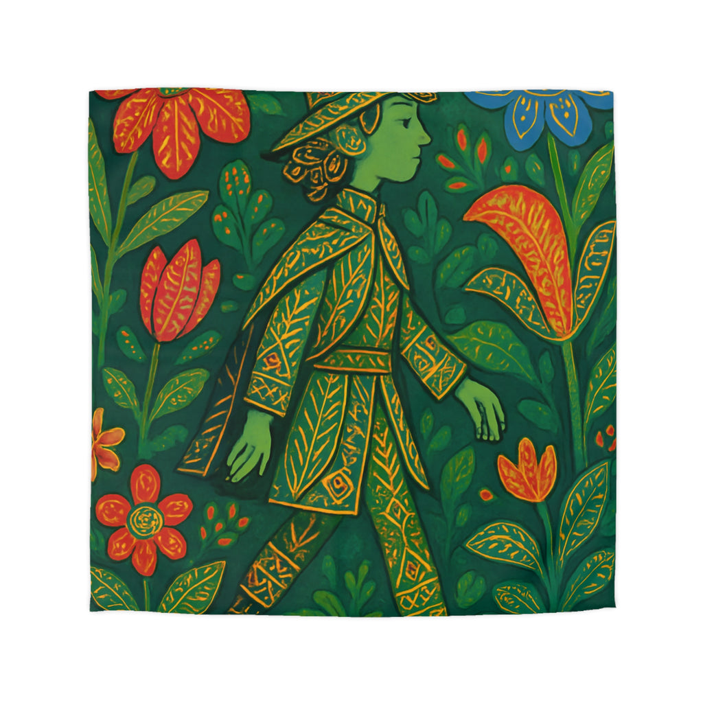 Housse de couette vibrante avec motif botanique et personnage en marche serein