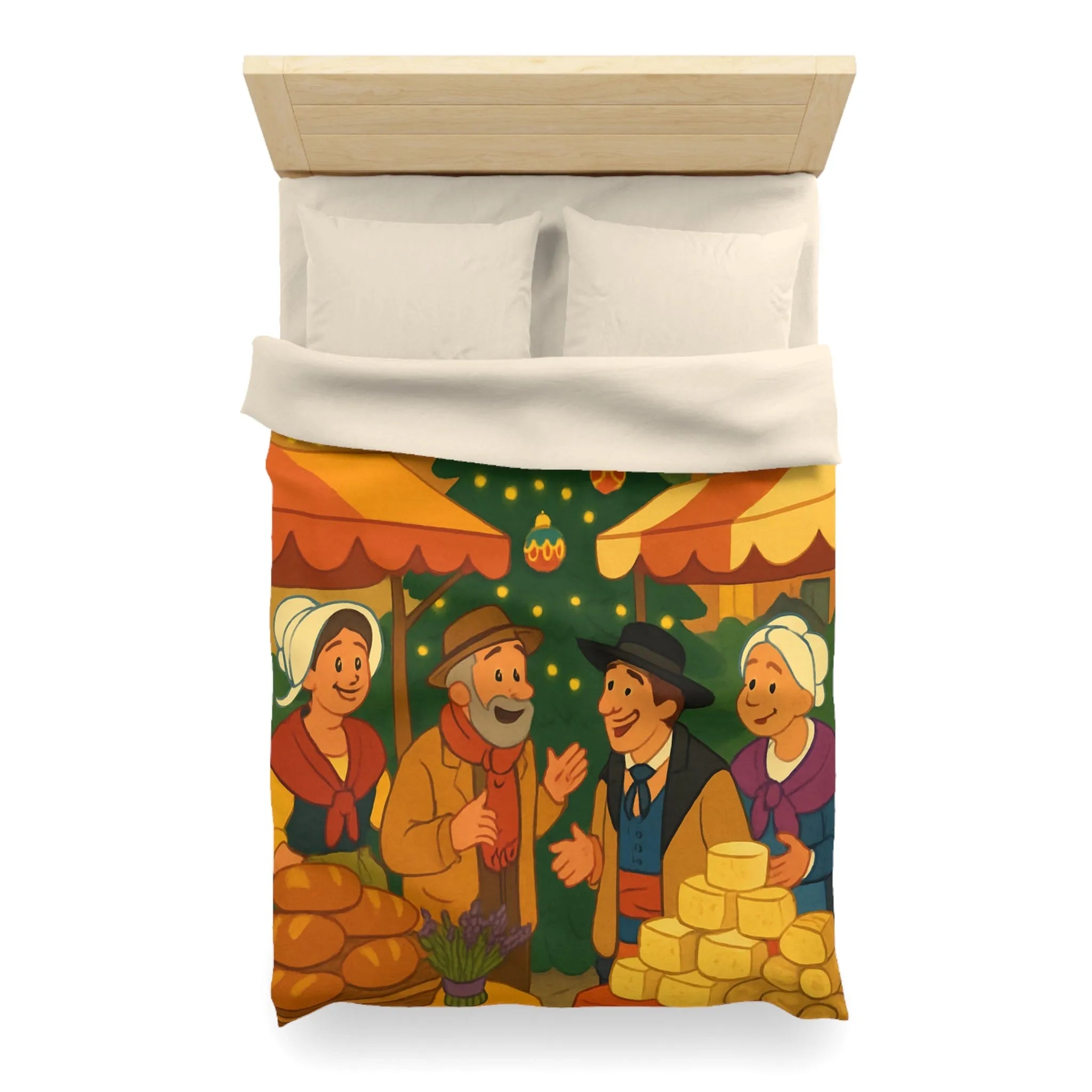 Housse de couette festive avec marché de Noël et sapin illuminé au village
