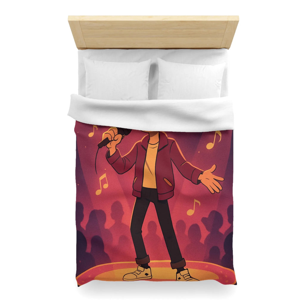 Housse de couette animée chanteur sur scène, ambiance vive et musicale au cœur vibrant