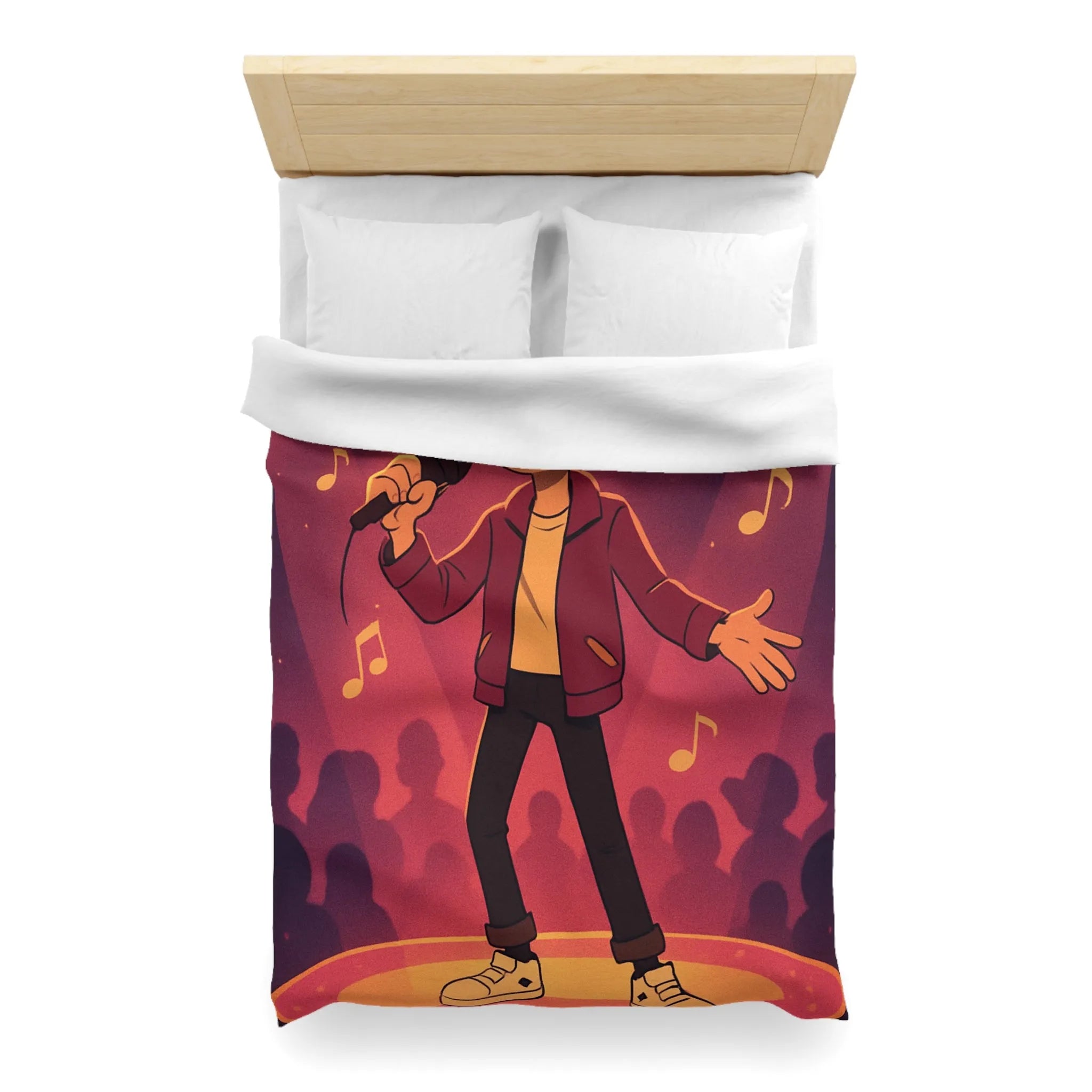Housse de couette animée chanteur sur scène, ambiance vive et musicale au cœur vibrant