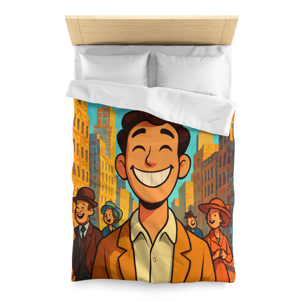Housse de couette vintage avec personnages souriants et architecture urbaine en arrière-plan