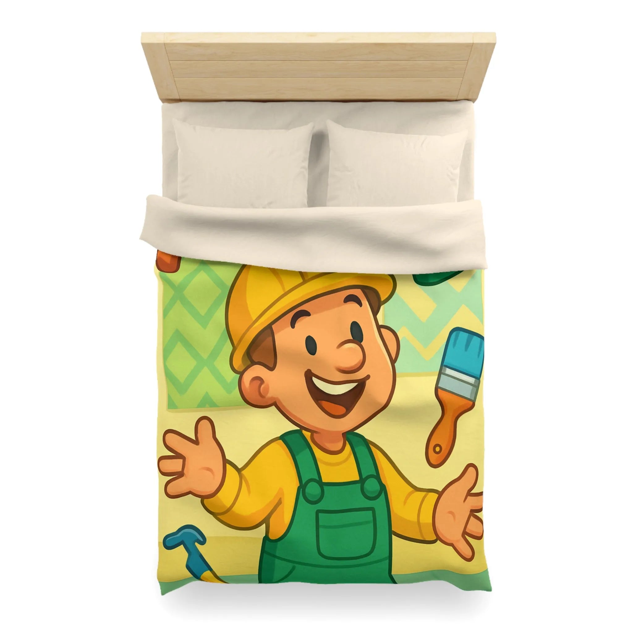 Housse de couette joyeuse pour enfants avec outils de bricolage et personnage souriant