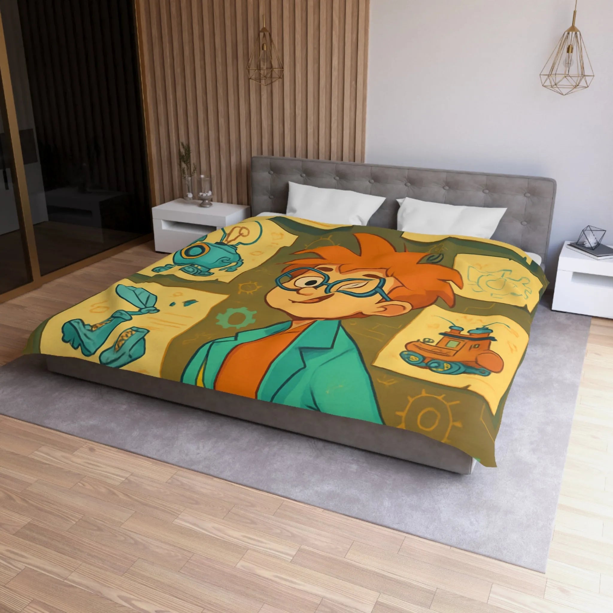 Housse de couette enfant motifs inventeur créatif pour chambre ludique et colorée