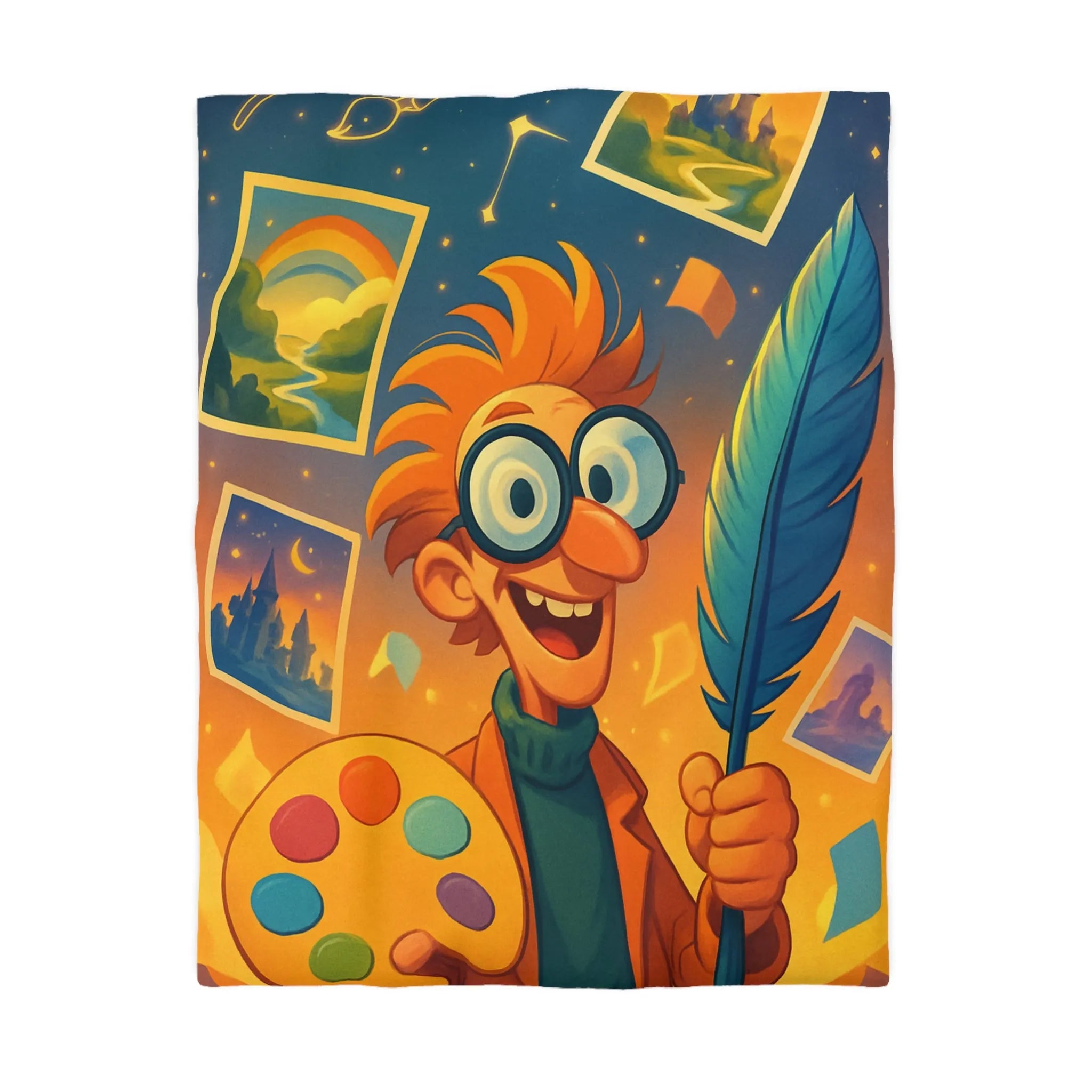 Housse de couette colorée avec paysage de conte de fées et artiste joyeux