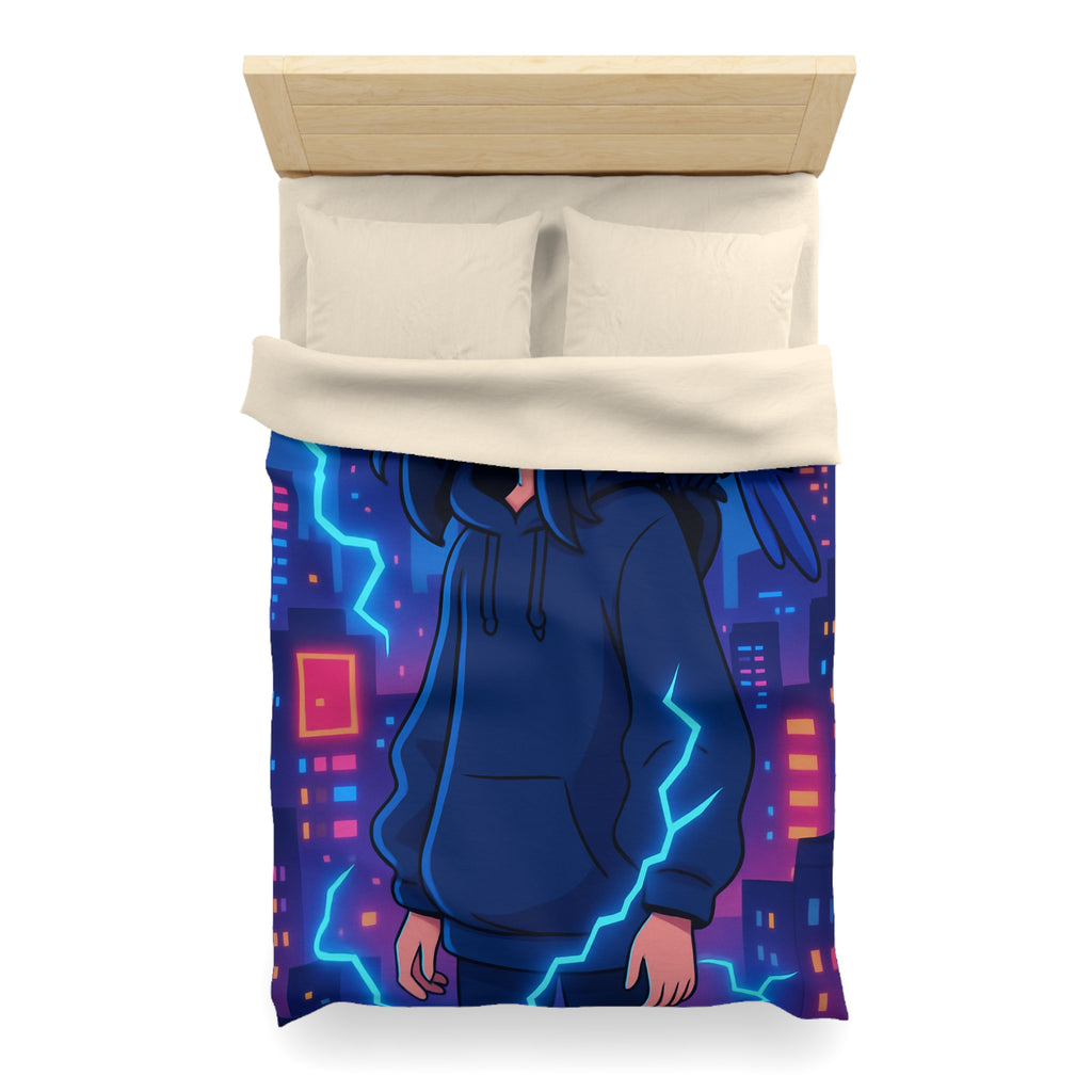 Tendance housse de couette bleu foncé avec motif urbain et perroquet électrique