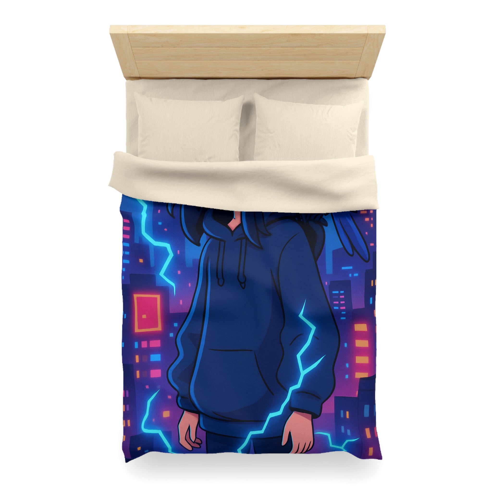 Tendance housse de couette bleu foncé avec motif urbain et perroquet électrique