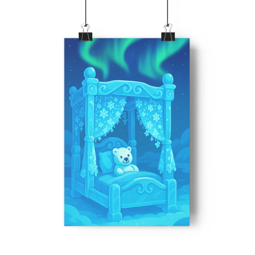 Poster décoratif bleu blanc féerique hivernal magique apaisant chambre enfant ours polaire 30x46 qualité