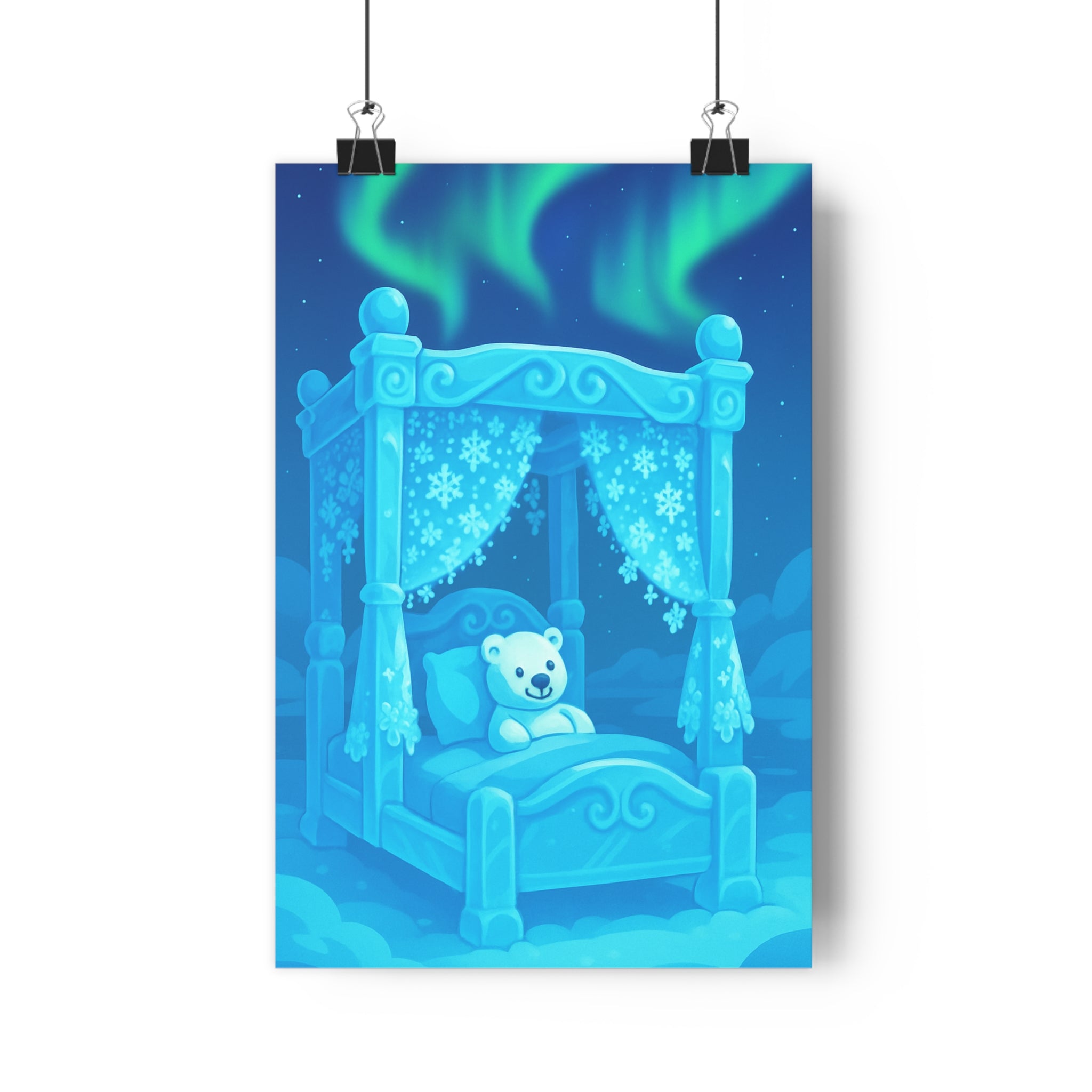 Poster décoratif bleu blanc féerique hivernal magique apaisant chambre enfant ours polaire 30x46 qualité