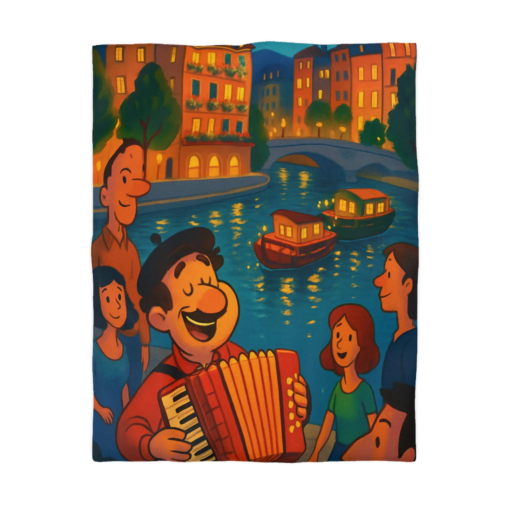 Housse de couette avec illustration animée d'une scène joyeuse au bord de la rivière