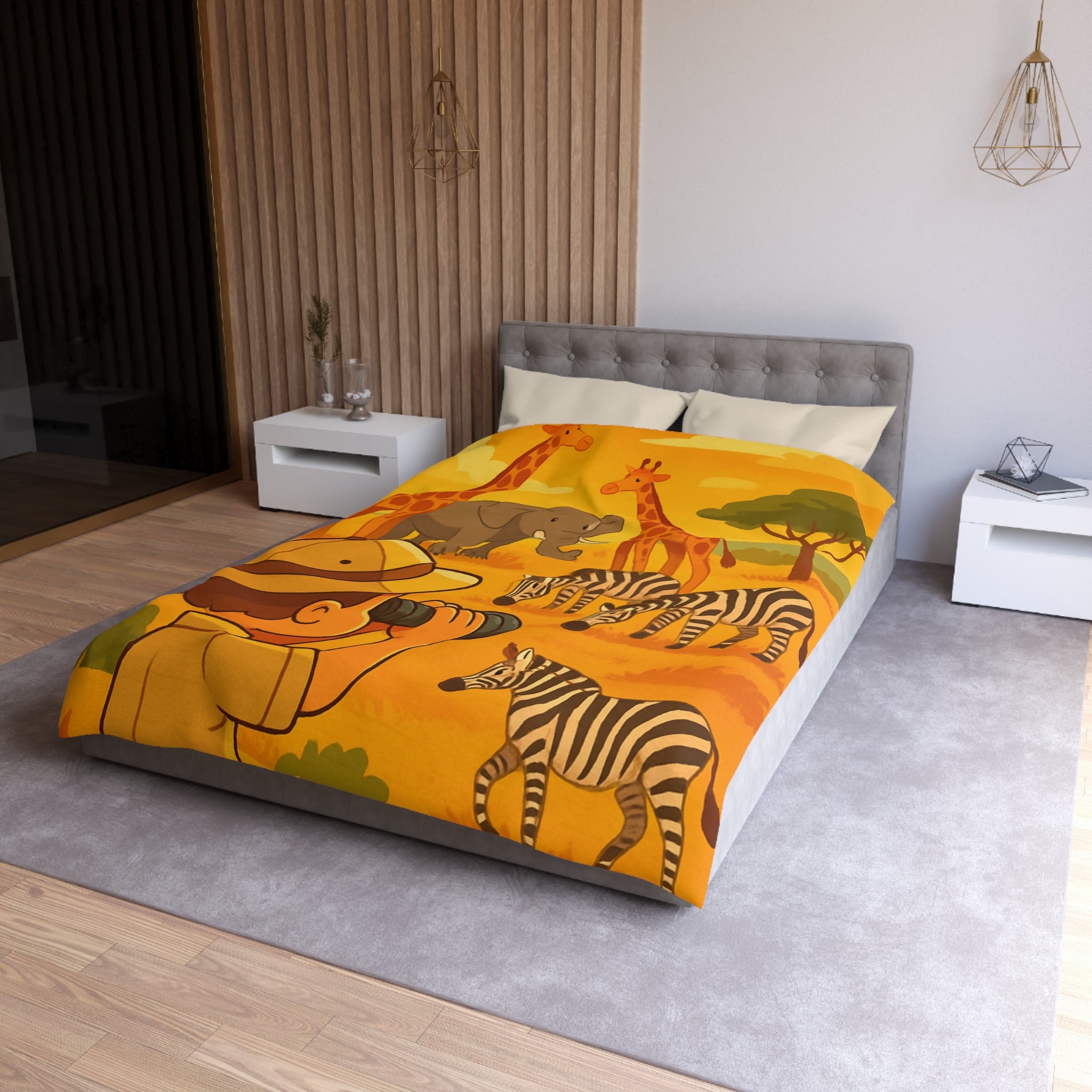 Housse de couette safari enfant avec éléphant, girafes et zèbres dans savane ensoleillée