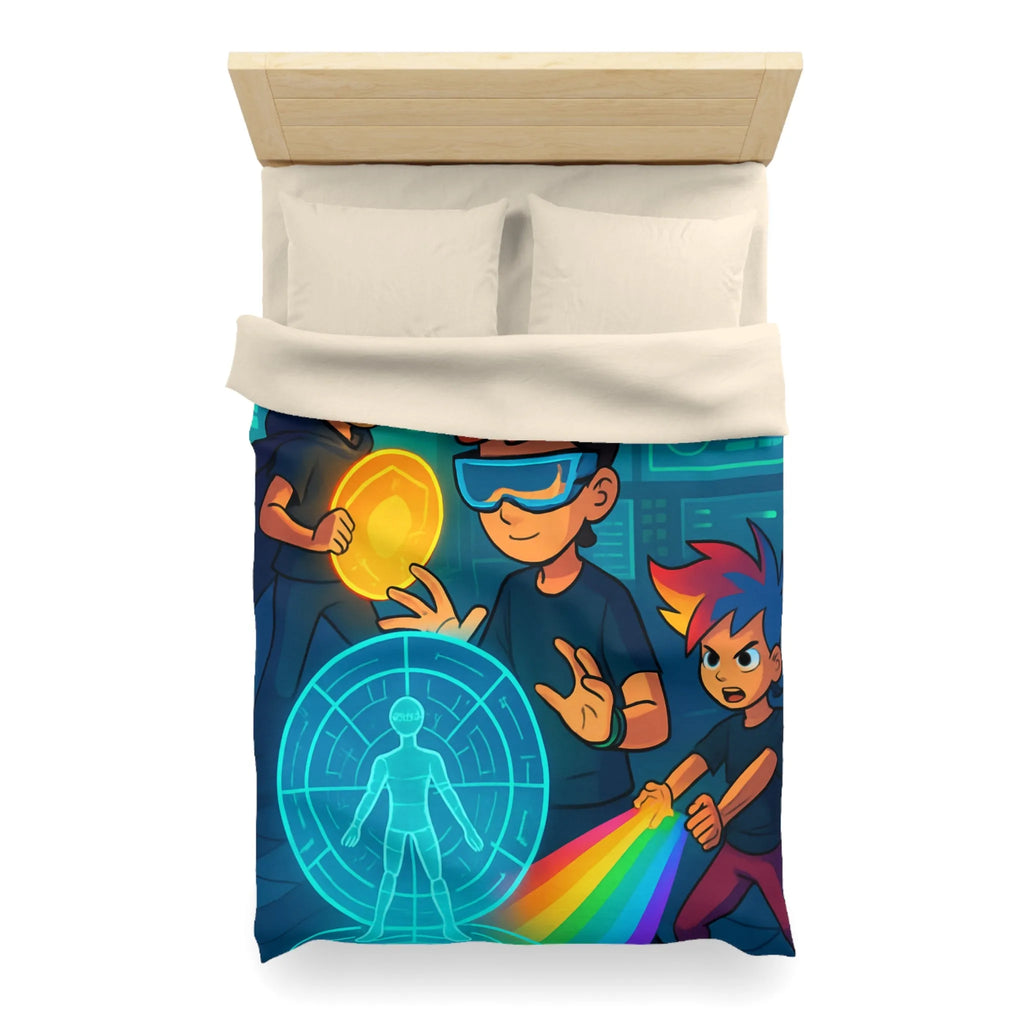 Housse de couette colorée avec enfants explorant un monde futuriste numérique et lumineux