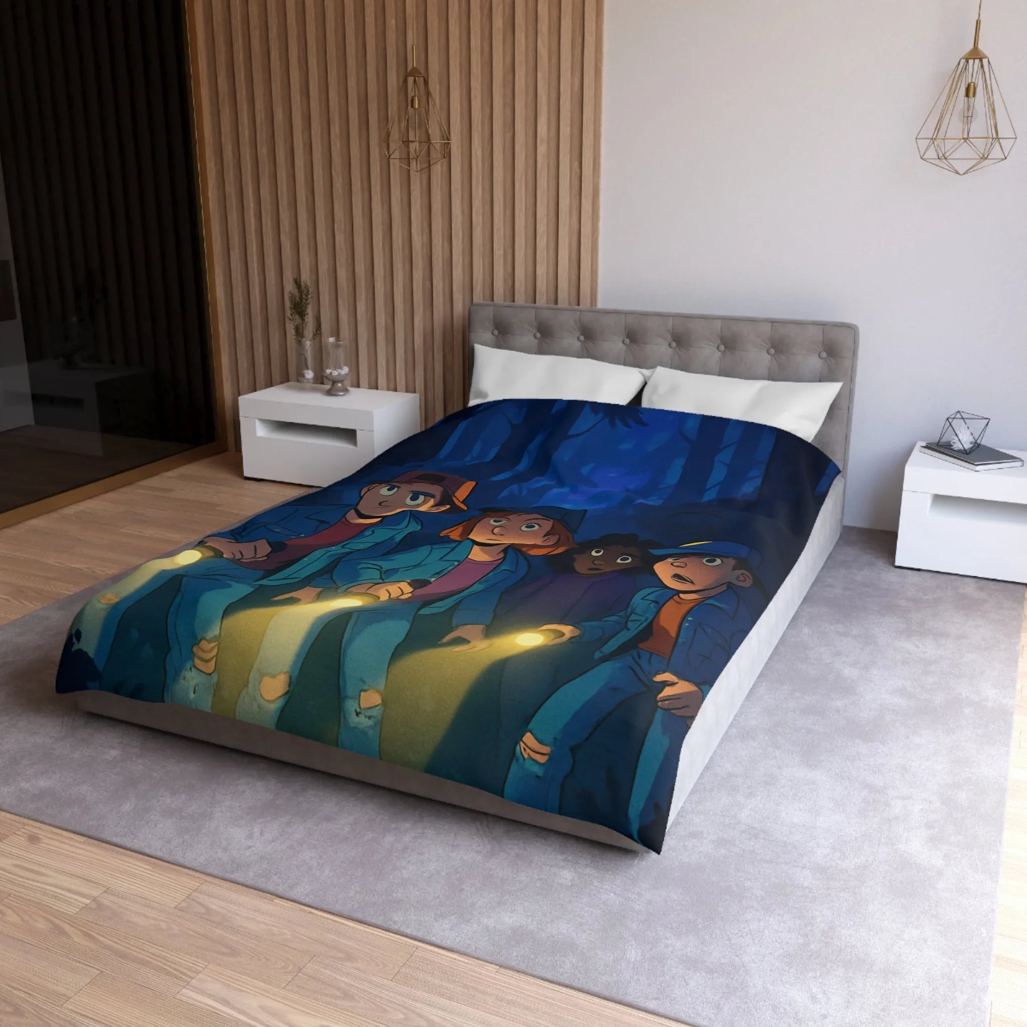 Housse de couette forêt mystérieuse enfants explorateurs avec lampes de poche illustration nocturne