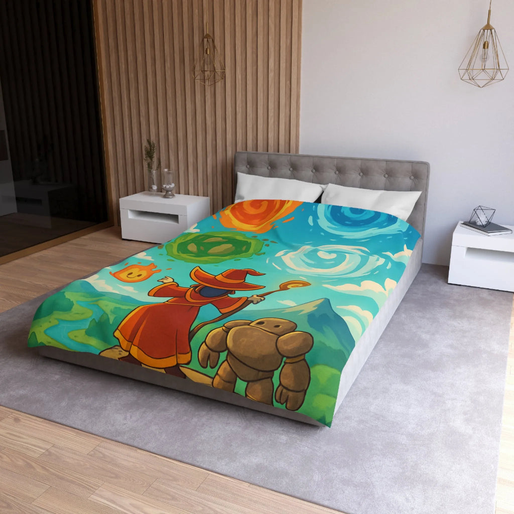Housse de couette avec illustration magique de sorcier, élémentaires et paysage vibrant