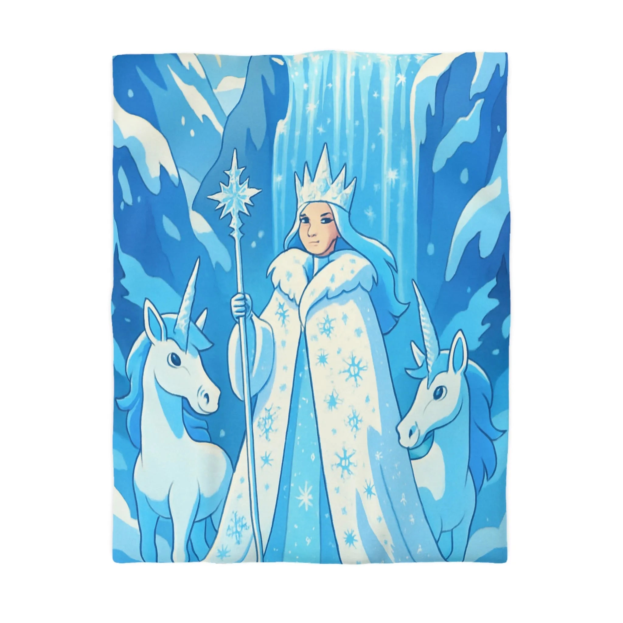Housse de couette féerique avec reine des neiges, licornes et cascade magique