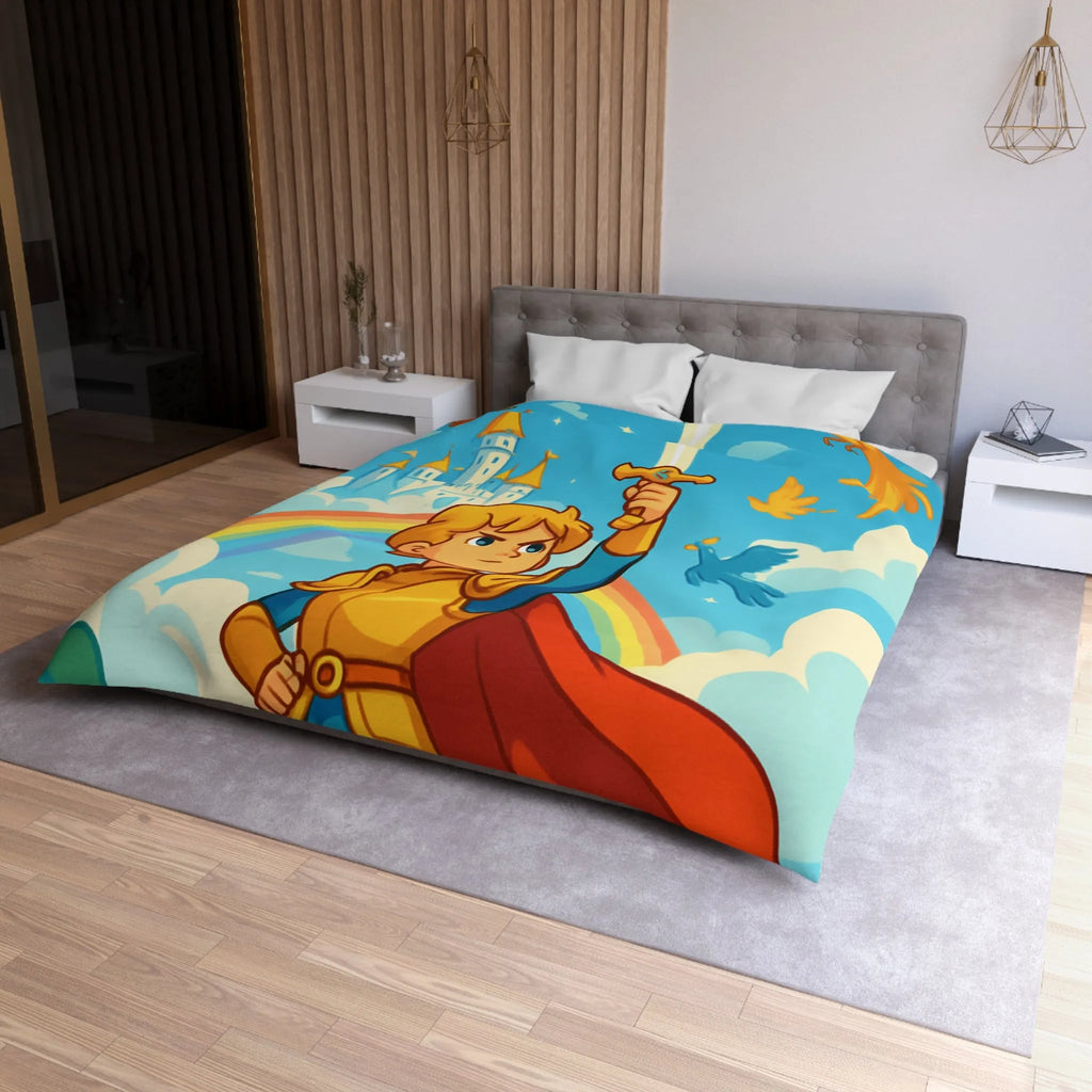 Housse de couette avec chevalier héroïque, arc-en-ciel et château féerique, thème aventure