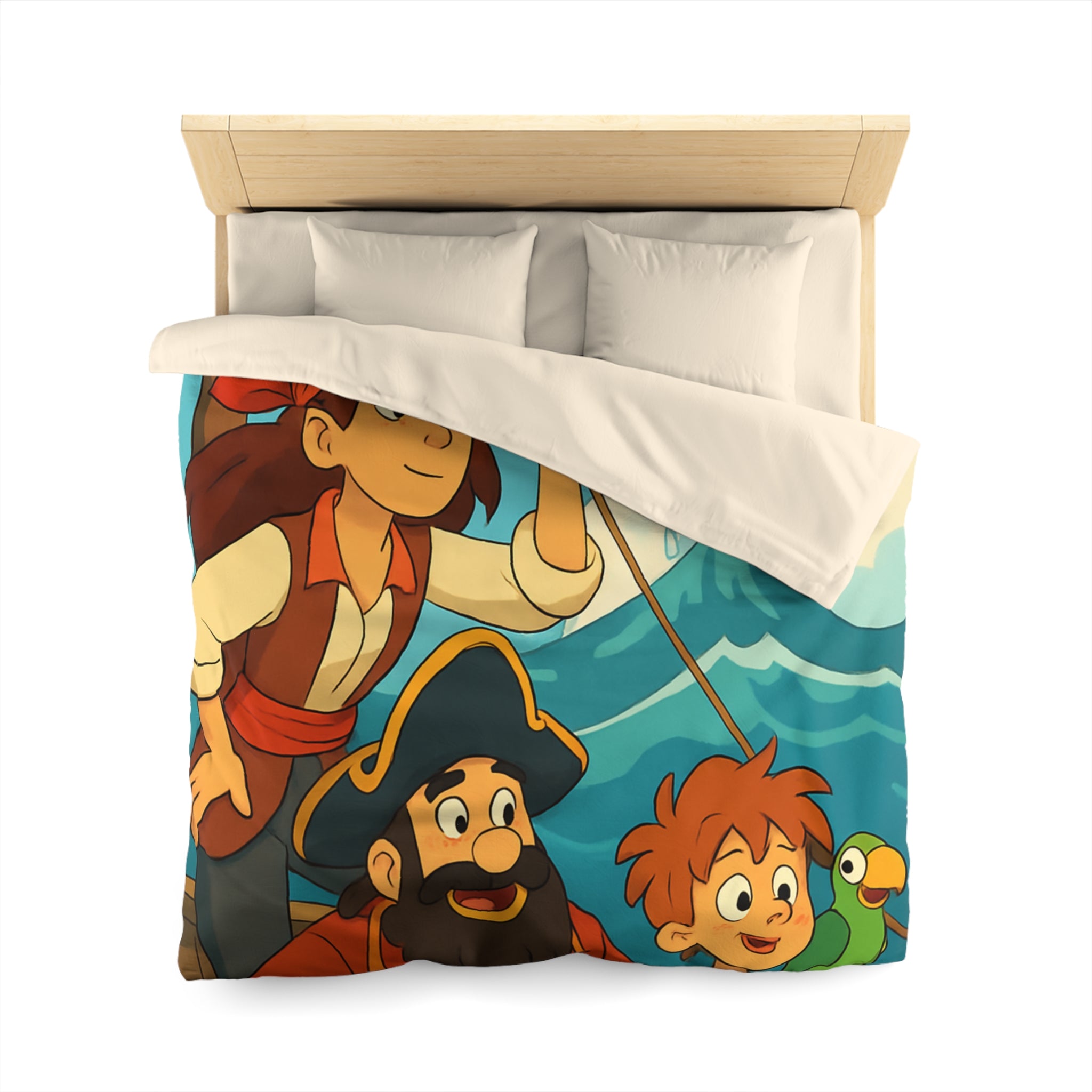 Housse de couette pirate avec poisson doré et personnages aventuriers sur l'océan