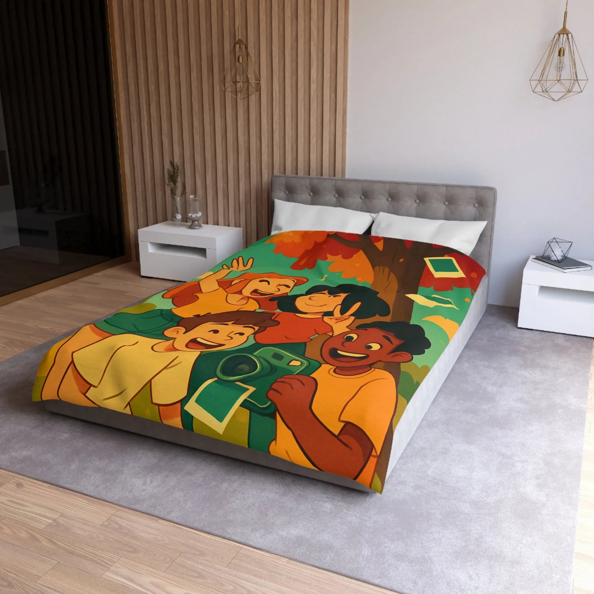 Housse de Couette Enfants Arborant Motif Nature et Joie Automnale Avec Polaroids