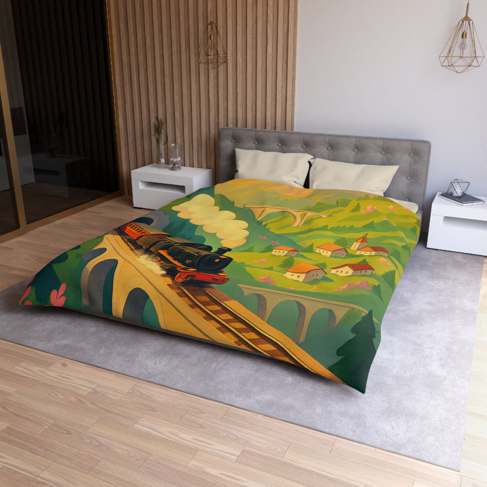 Housse de Couette Vintage Montagne Train Pont Naturelle Ambiance Enchantée Peinture Colorée