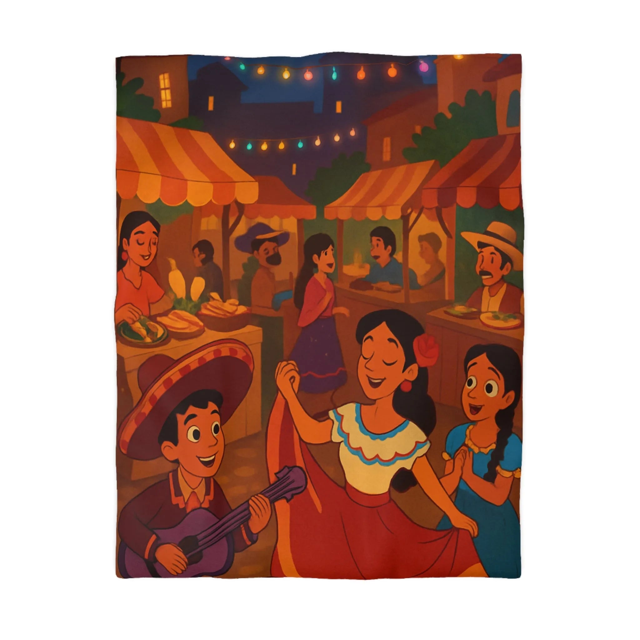 Housse de Couette Illustrée avec Scène Festive Colorée du Marché Nocturne Traditionnel