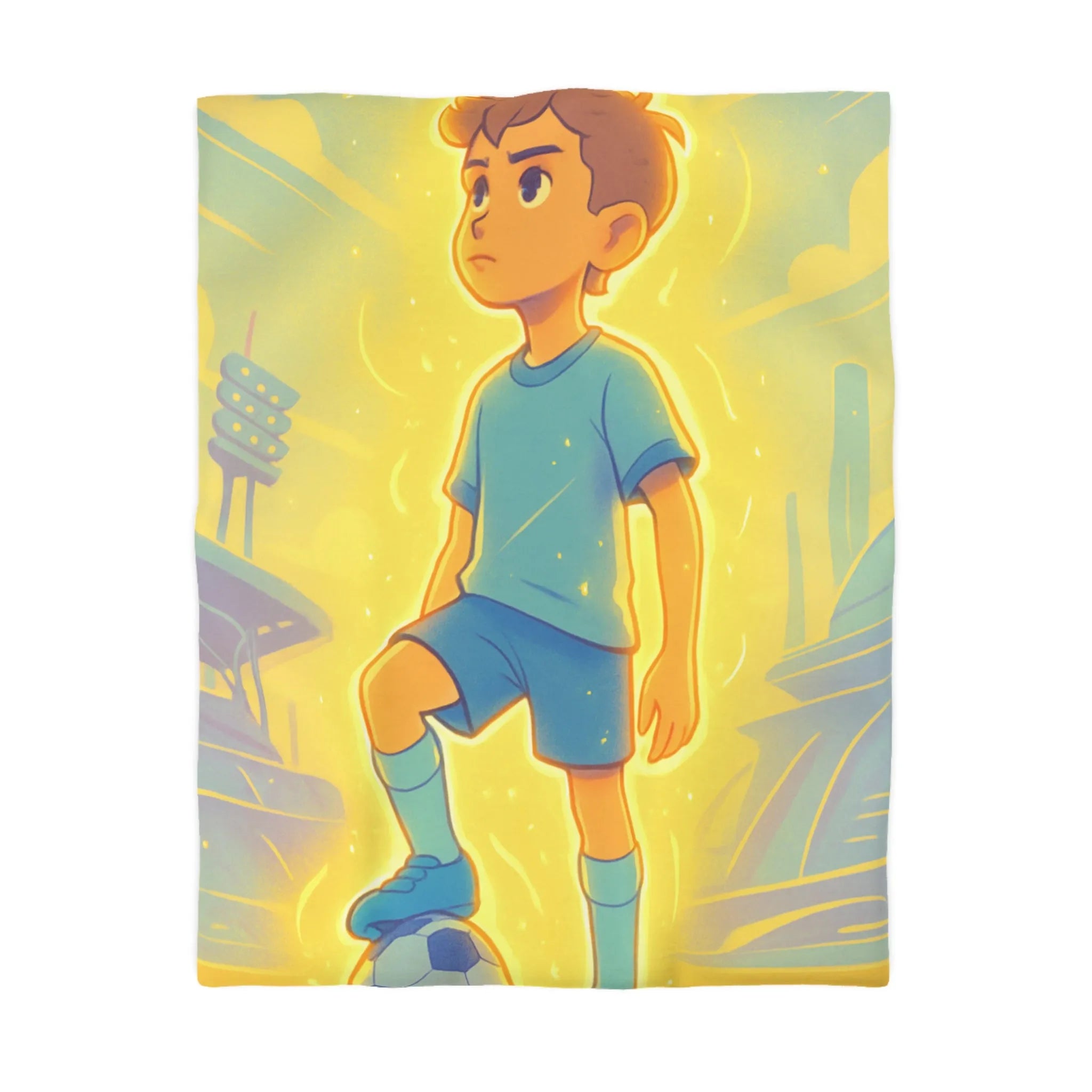 Housse de couette inspirée d'un jeune footballeur en action avec ambiance lumineuse