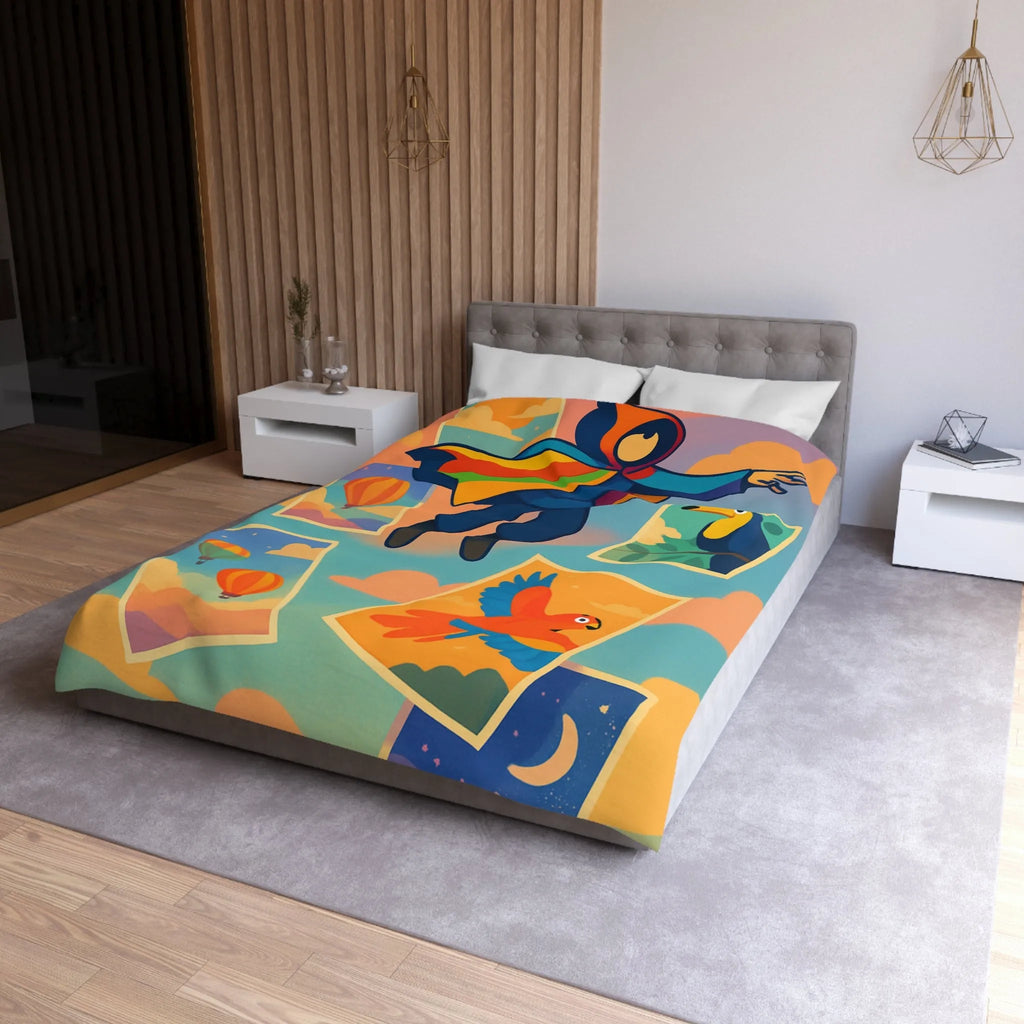 Housse de couette colorée avec motifs d'aventure de montgolfières et oiseaux exotiques