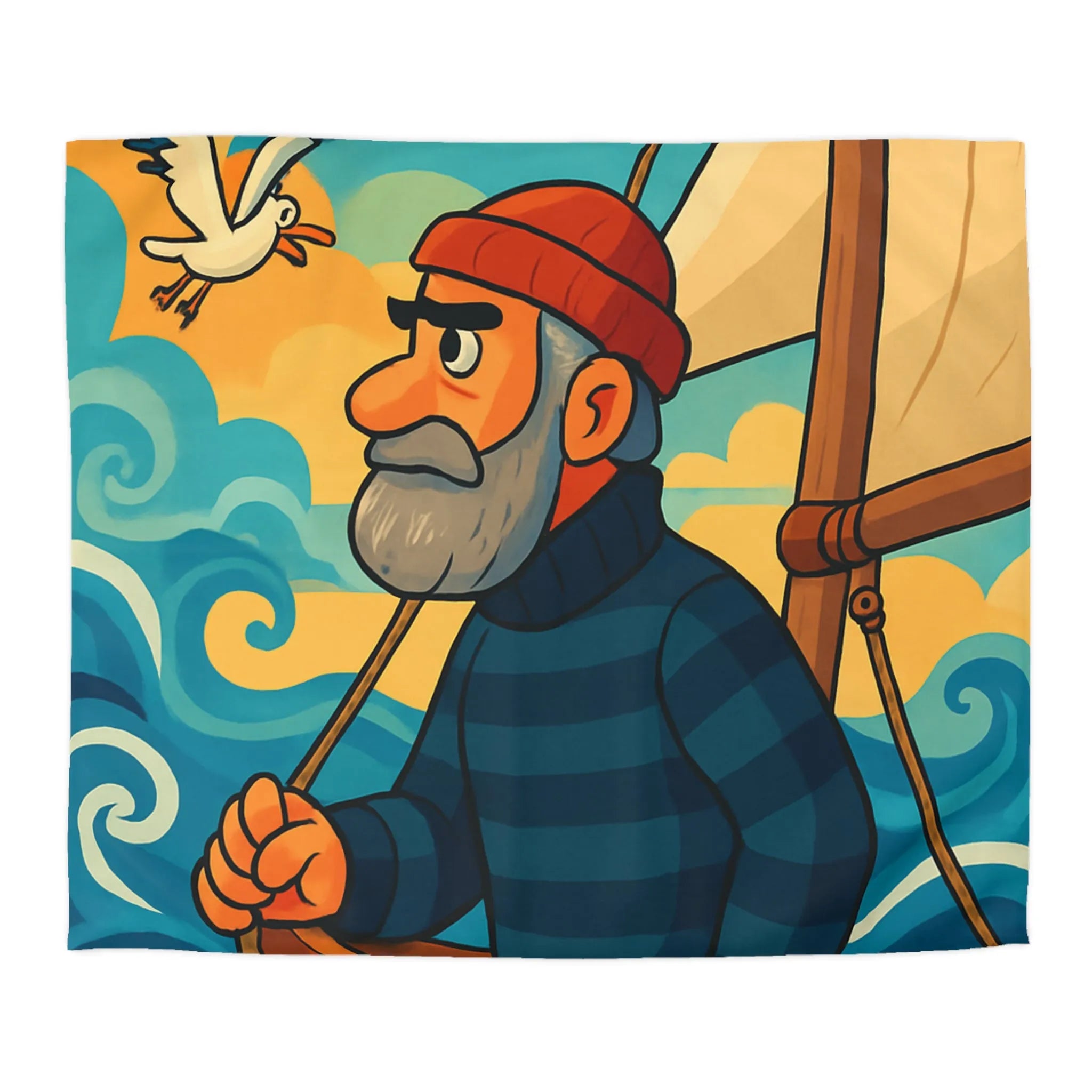 Housse de couette marin colorée avec voilier, mouettes et vagues pour décoration océanique