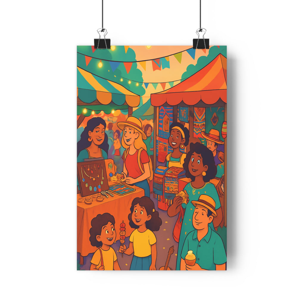 Poster décoratif marché animé vibrant cartoon joyeux rouge jaune bleu intérieur salon chambre 30x46