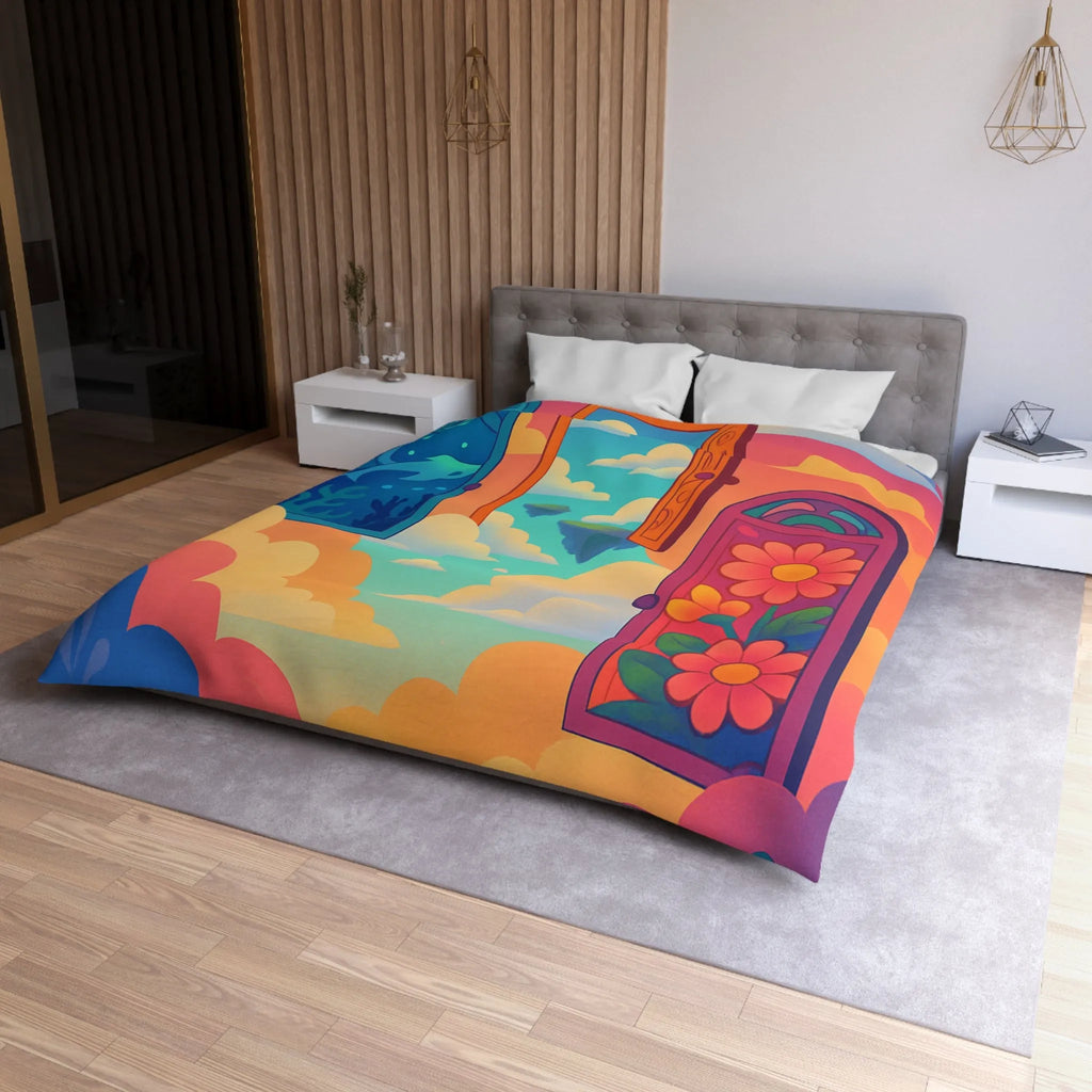 Housse de couette colorée avec trois portes magiques et paysages oniriques enchanteurs