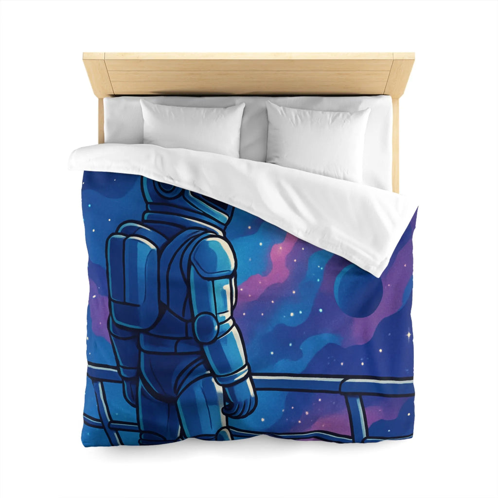 Housse de couette design astronaute contemplant galaxies et planètes dans l'espace infini