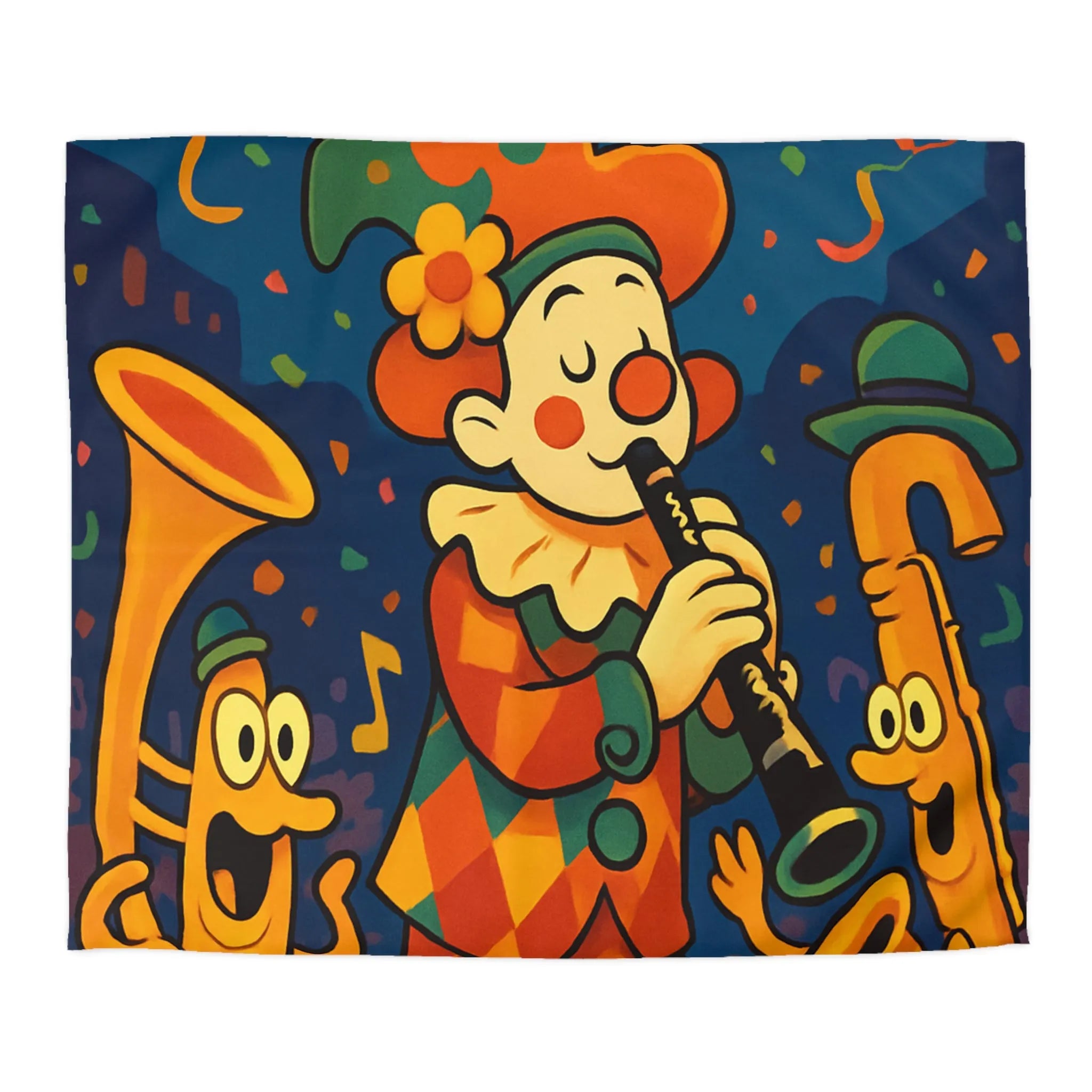 Housse de Couette Fantaisiste avec Clown et Instruments dans Parade Colorée et Lumineuse