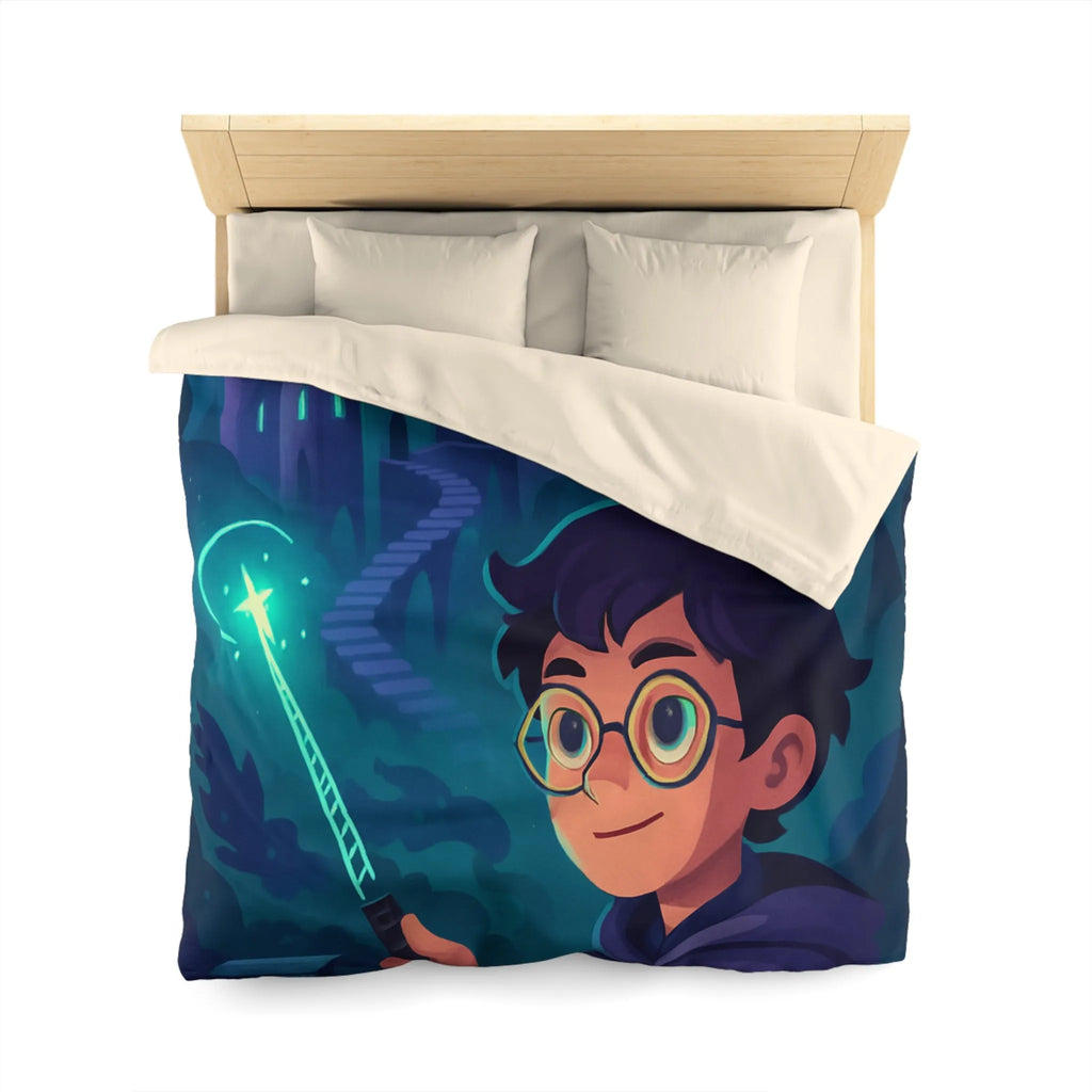 Housse de Couette Magique avec Enfant, Baguette Lumineuse et Chouette en Nuit Mystique