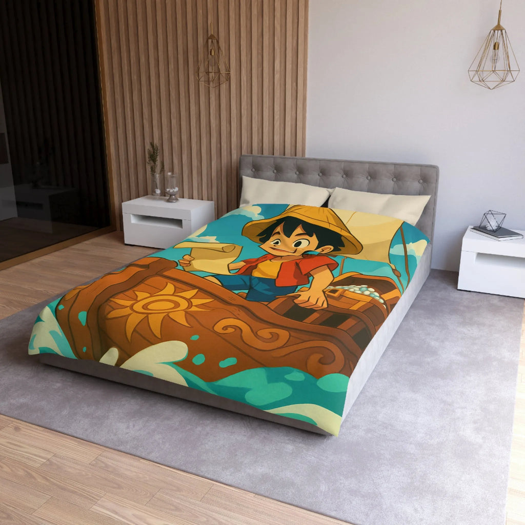 Douce housse de couette enfant motif pirate joyeux en bateau sur vagues bleues