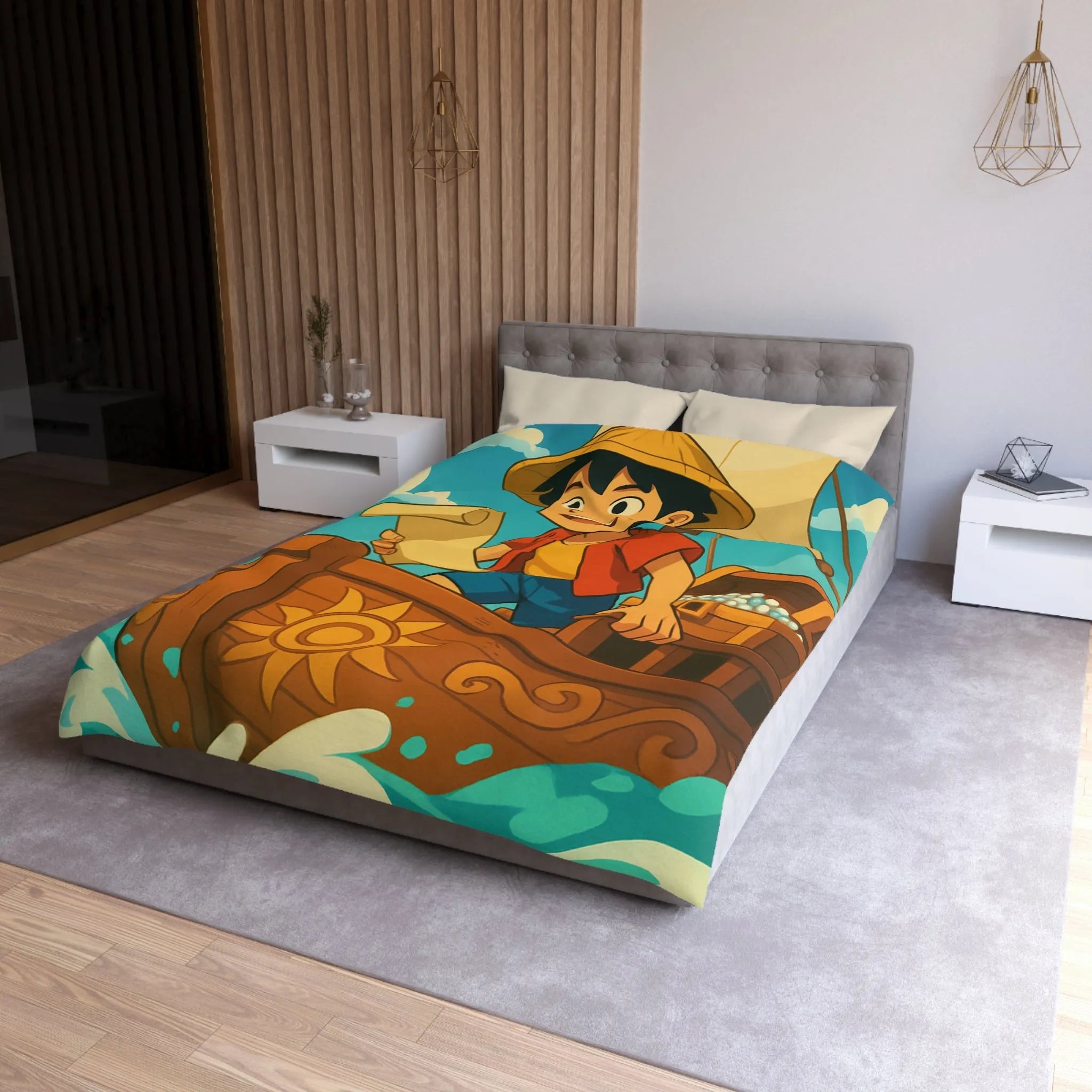 Douce housse de couette enfant motif pirate joyeux en bateau sur vagues bleues