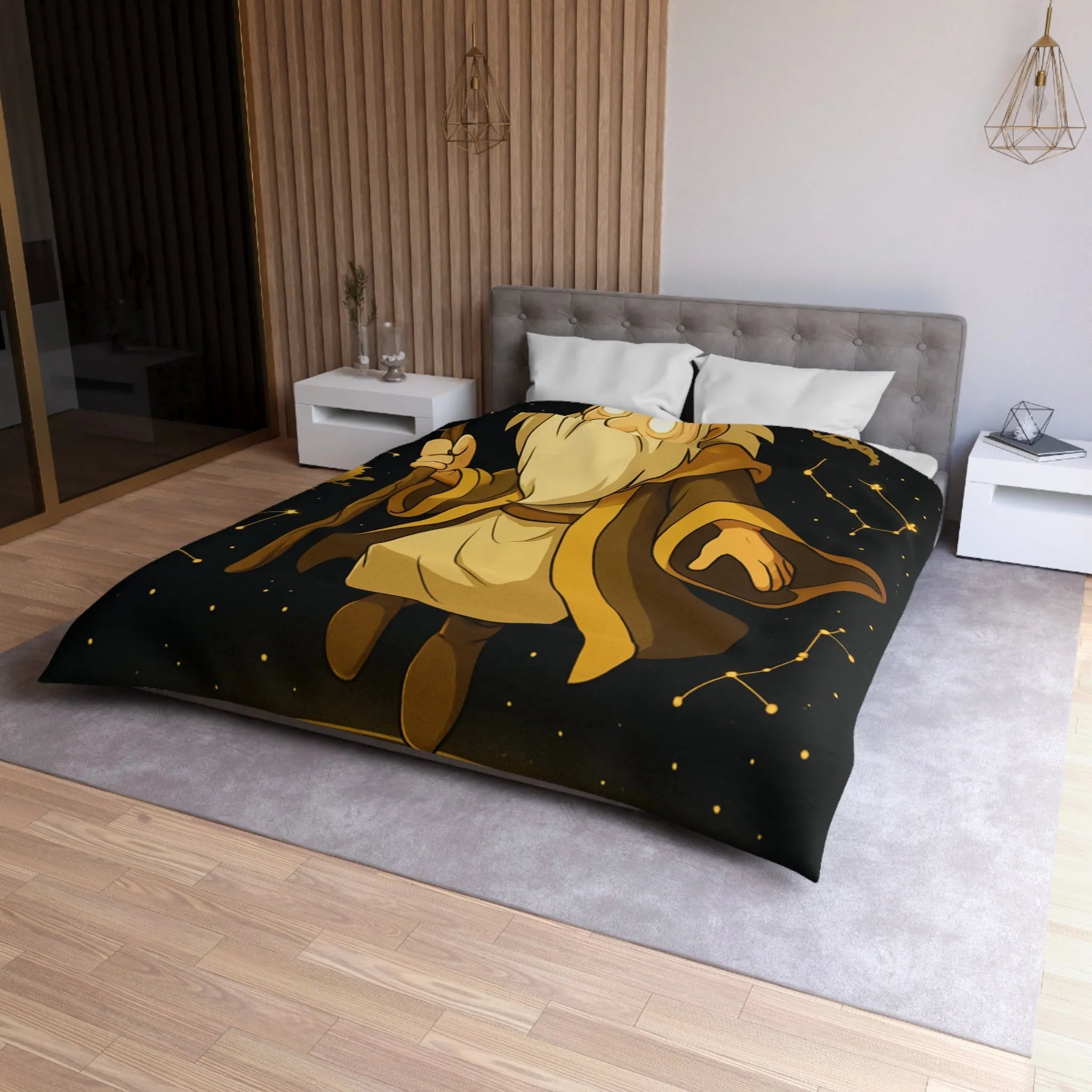 Housse de couette avec magicien illuminé et constellations dorées pour chambres enchantées