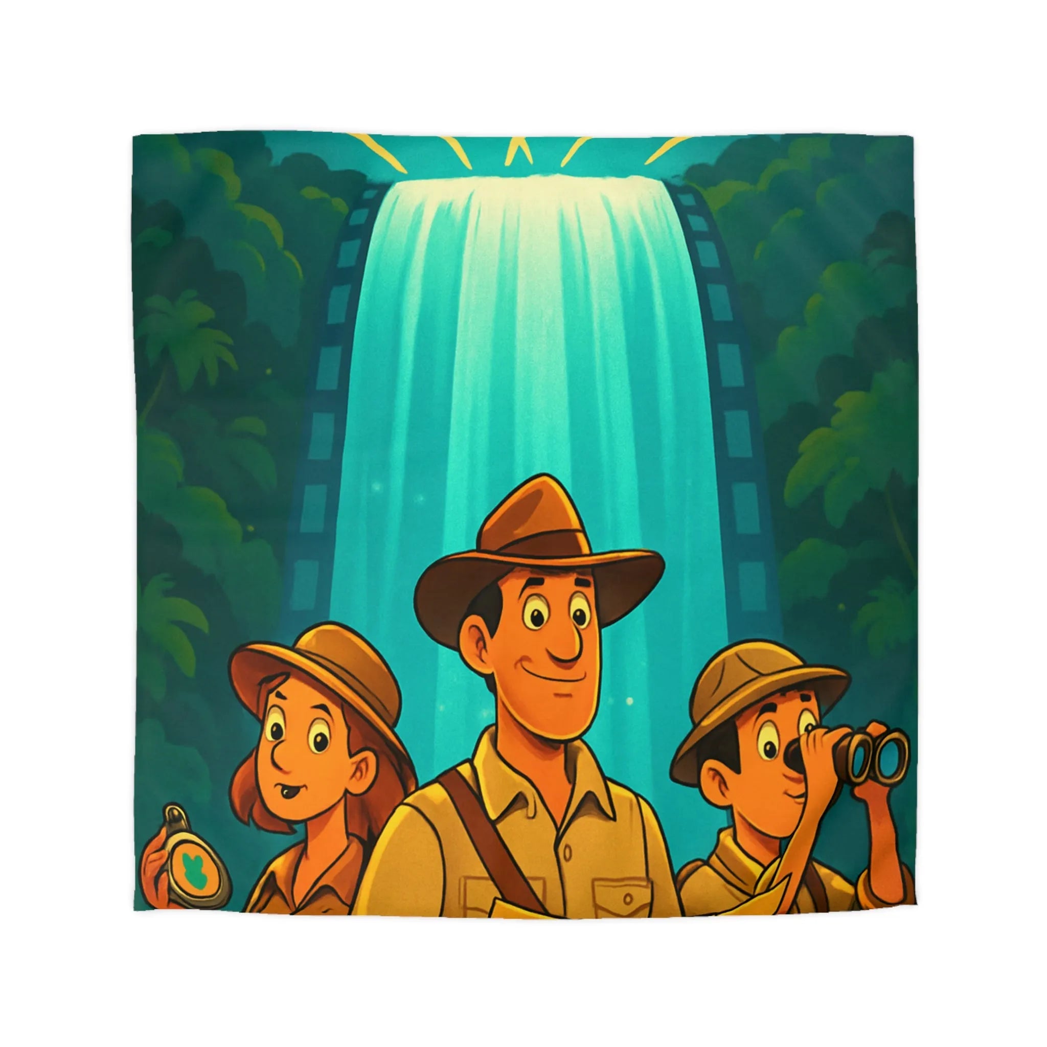 Housse de Couette Aventure Jungle Cascade Éclatante Exploration Famille Style Dessin Dessiné