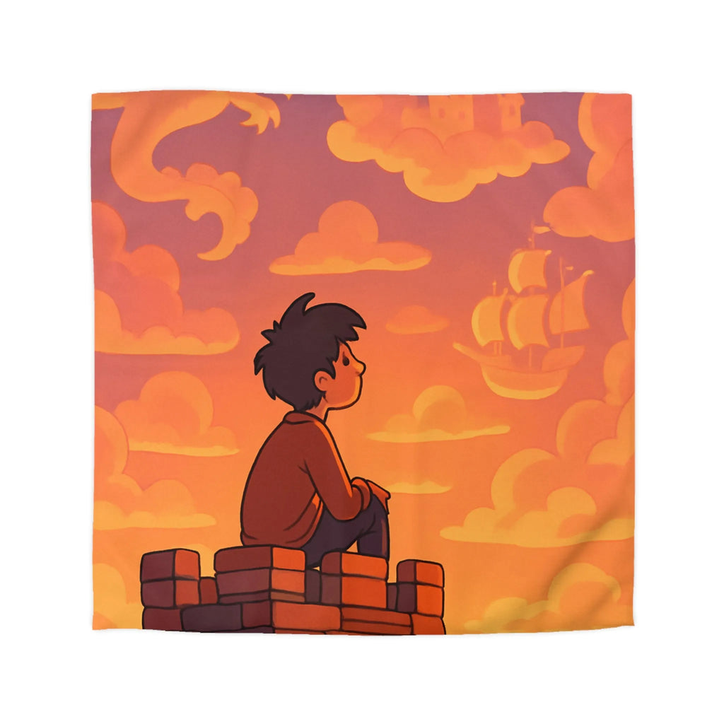 Housse de couette fantastique avec château, dragon et nuages pour enfants rêveurs