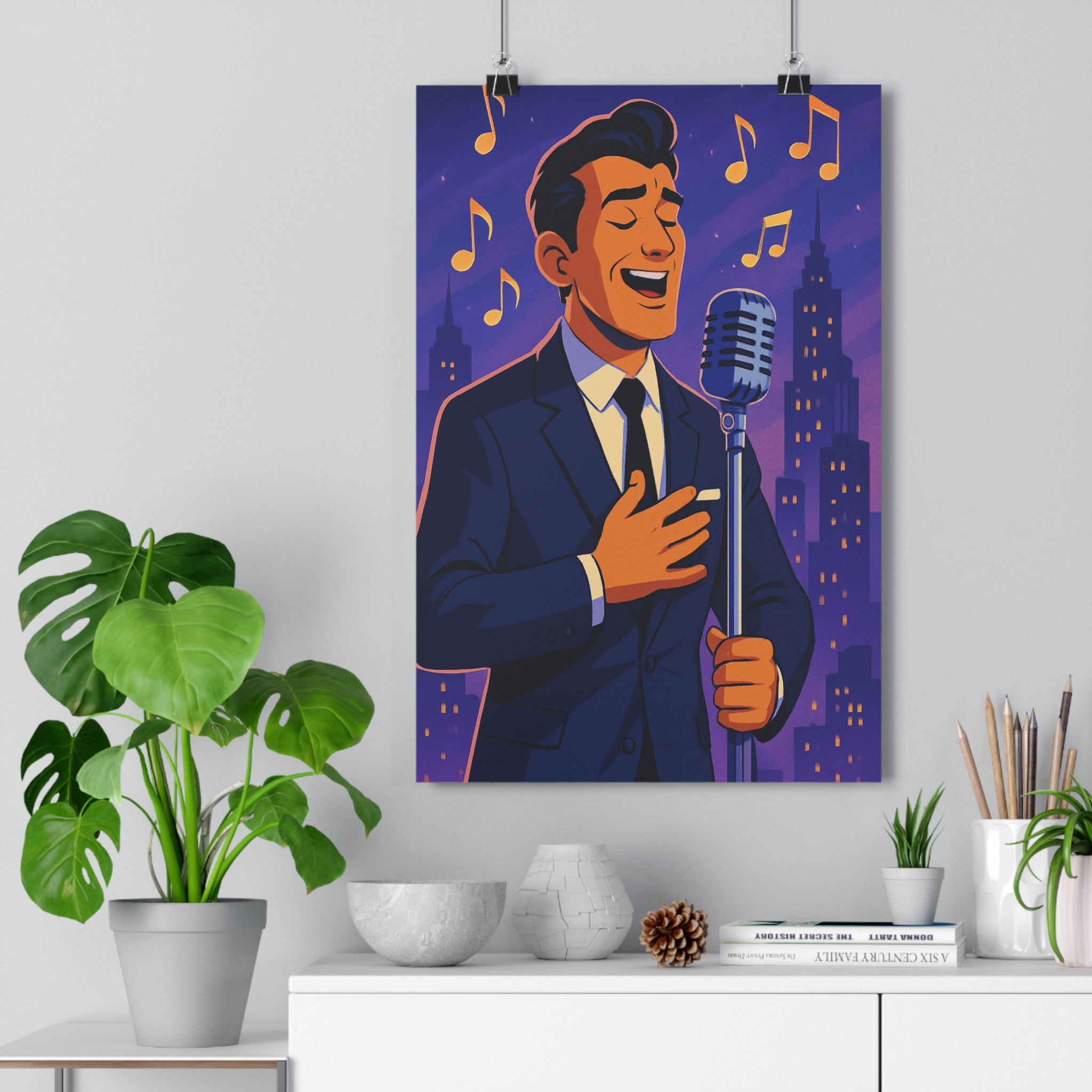 Poster décoratif rétro chanteur élégant costume sombre musique urbain lumineux chambre vintage ambiance dessin