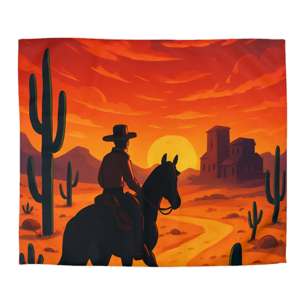 Housse de Couette Stylée Désert Crépusculaire avec Cowboy et Cactus Silhouettes