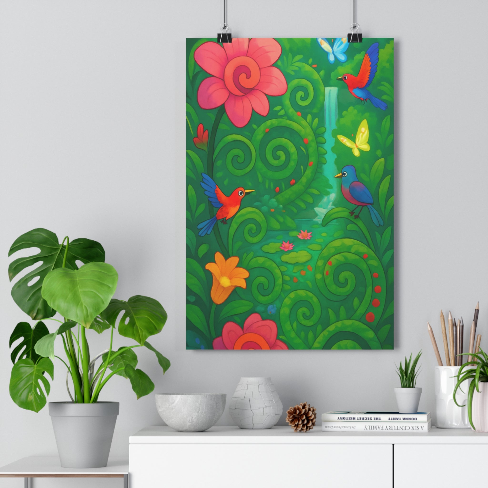 Poster décoratif jardin cartoon coloré joyeux vibrant fleur oiseau papillon cascade chambre salon bureau