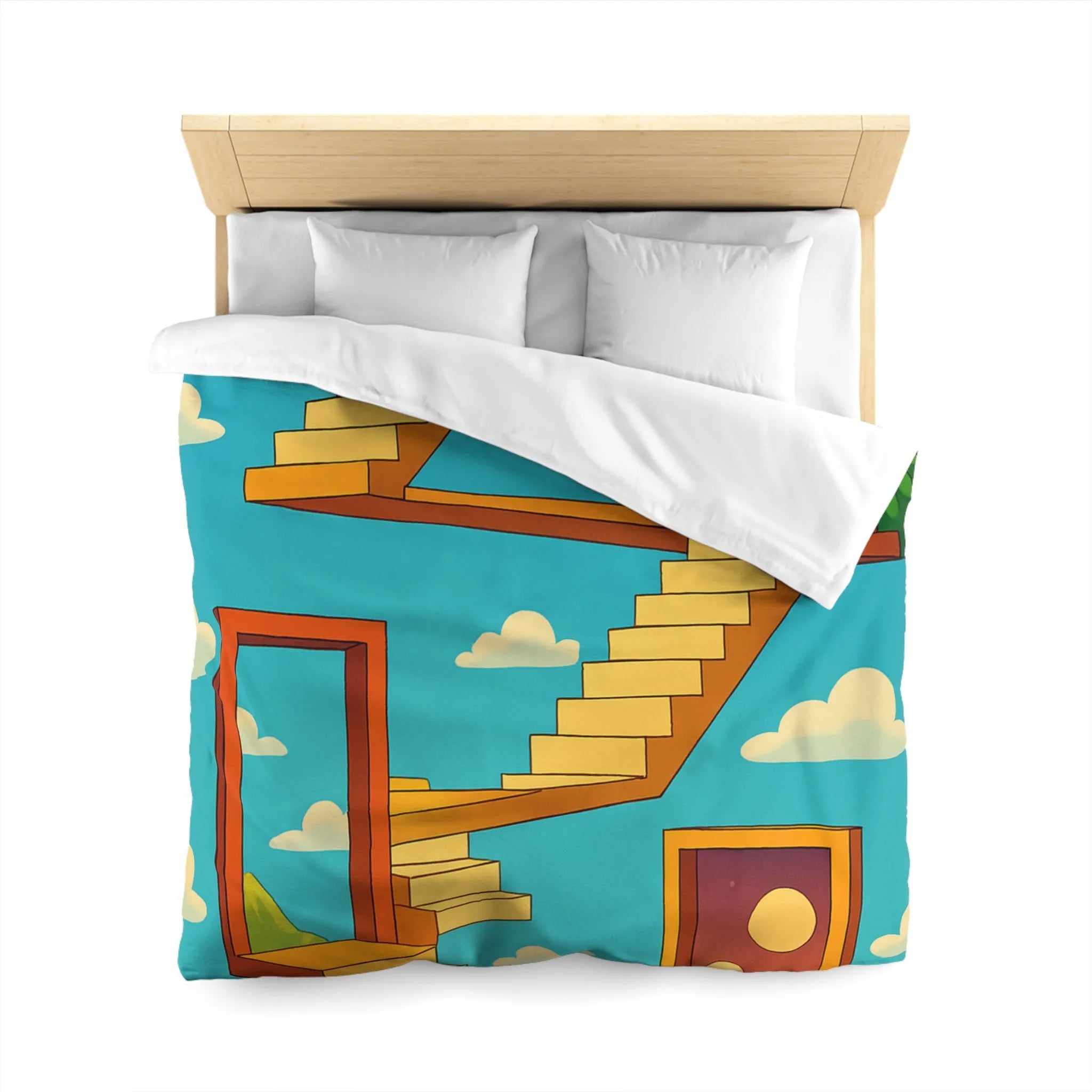 Housse de couette avec escaliers infinis et paysage surréaliste, ciel étoilé
