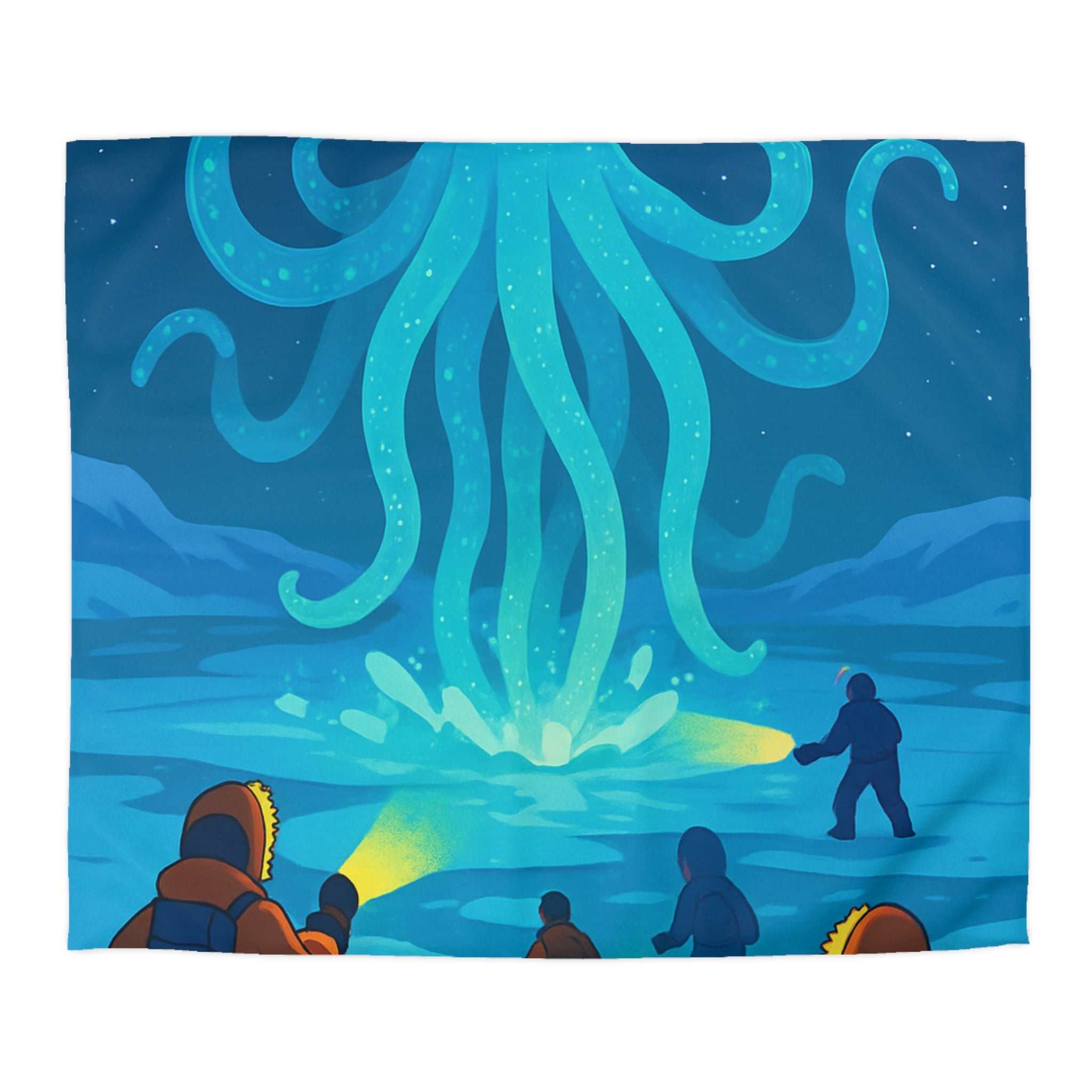 Nuit polaire avec pieuvre géante luminescente sous ciel étoilé et aventuriers en doudoune