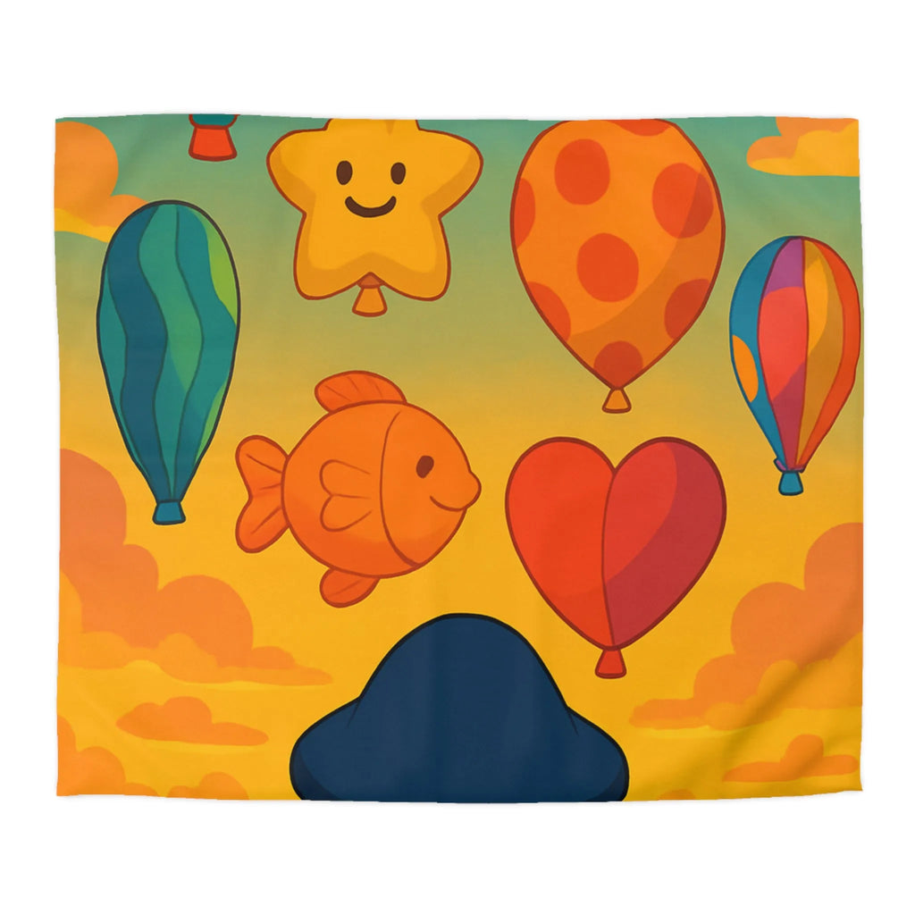 Housse de couette enfant avec montgolfières colorées et paysage au coucher du soleil