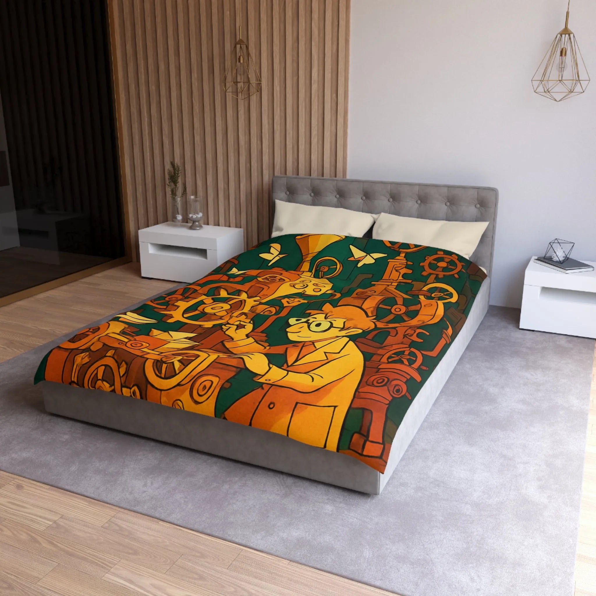 Housse de couette machine steampunk colorée avec papillons et ingénieur rêveur illustration automne