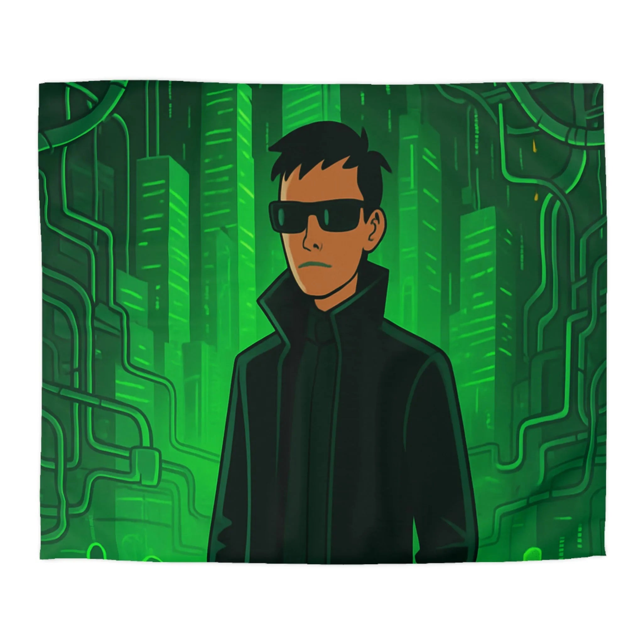 Housse de couette design futuriste vert avec motif personnage et ville numérique