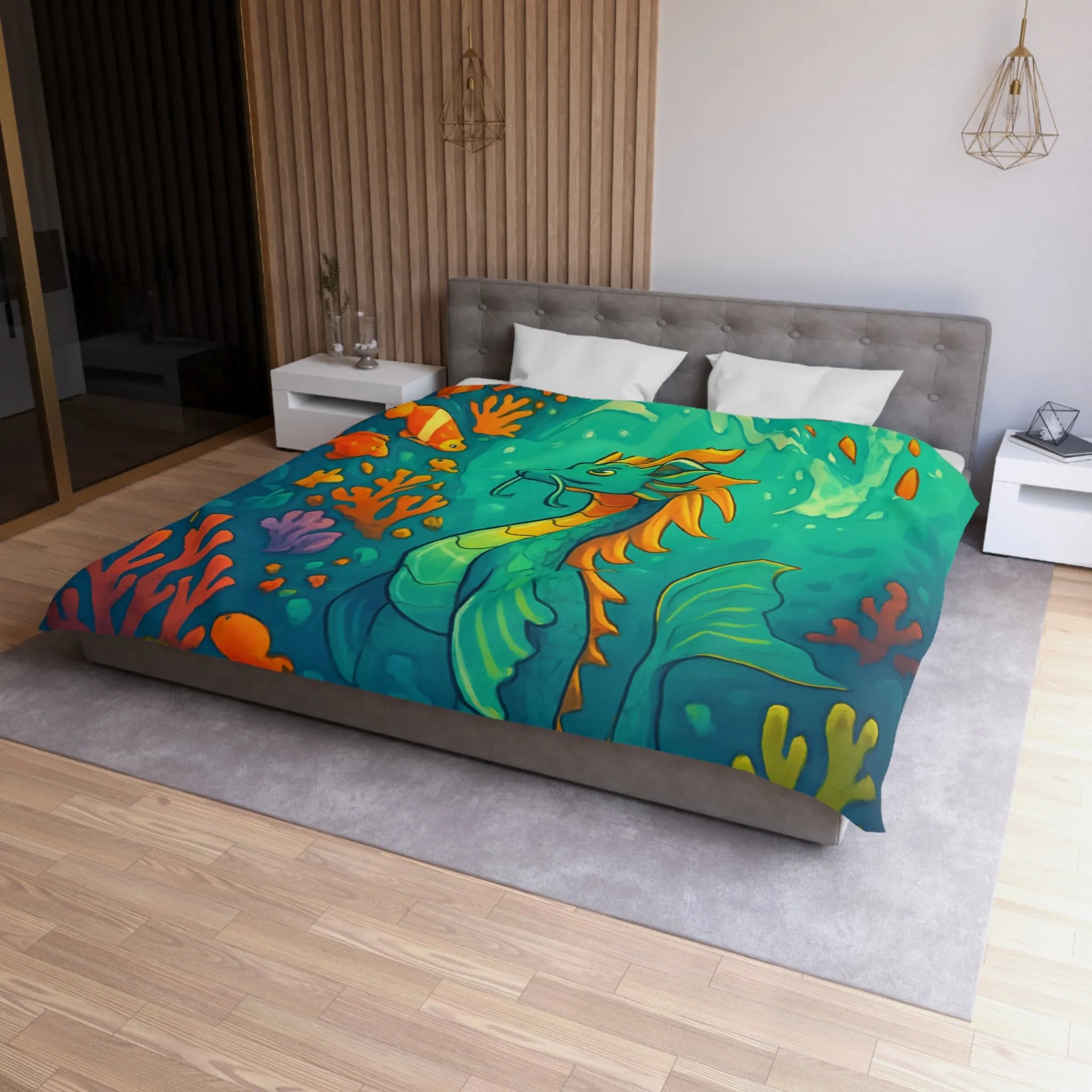 Housse de couette avec dragon marin et poissons dans des eaux colorées vibrantes