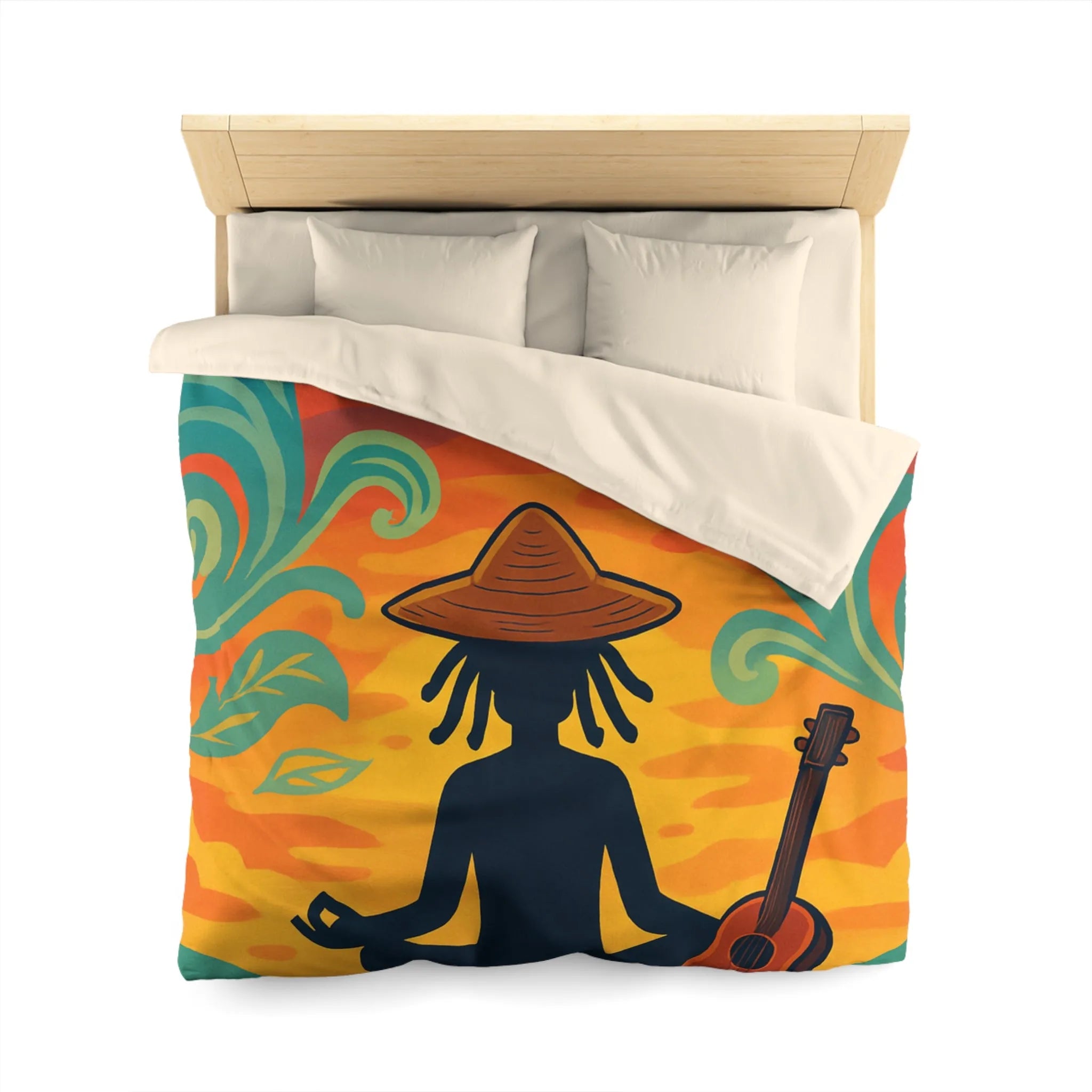 Housse de couette avec silhouette méditative et nature vibrante sous coucher de soleil coloré