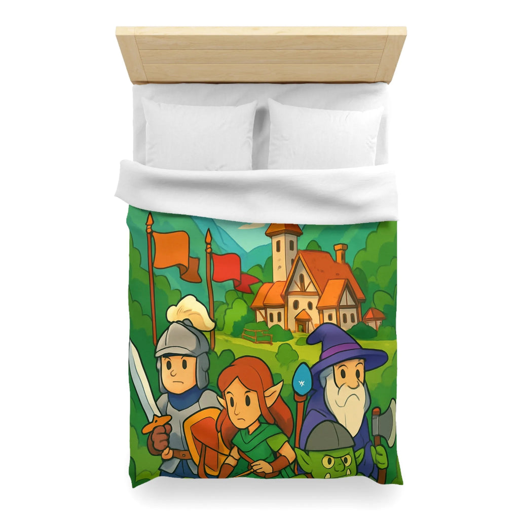 Housse de couette aventure médiévale avec dragons, chevalier, elfe, sorcier et troll