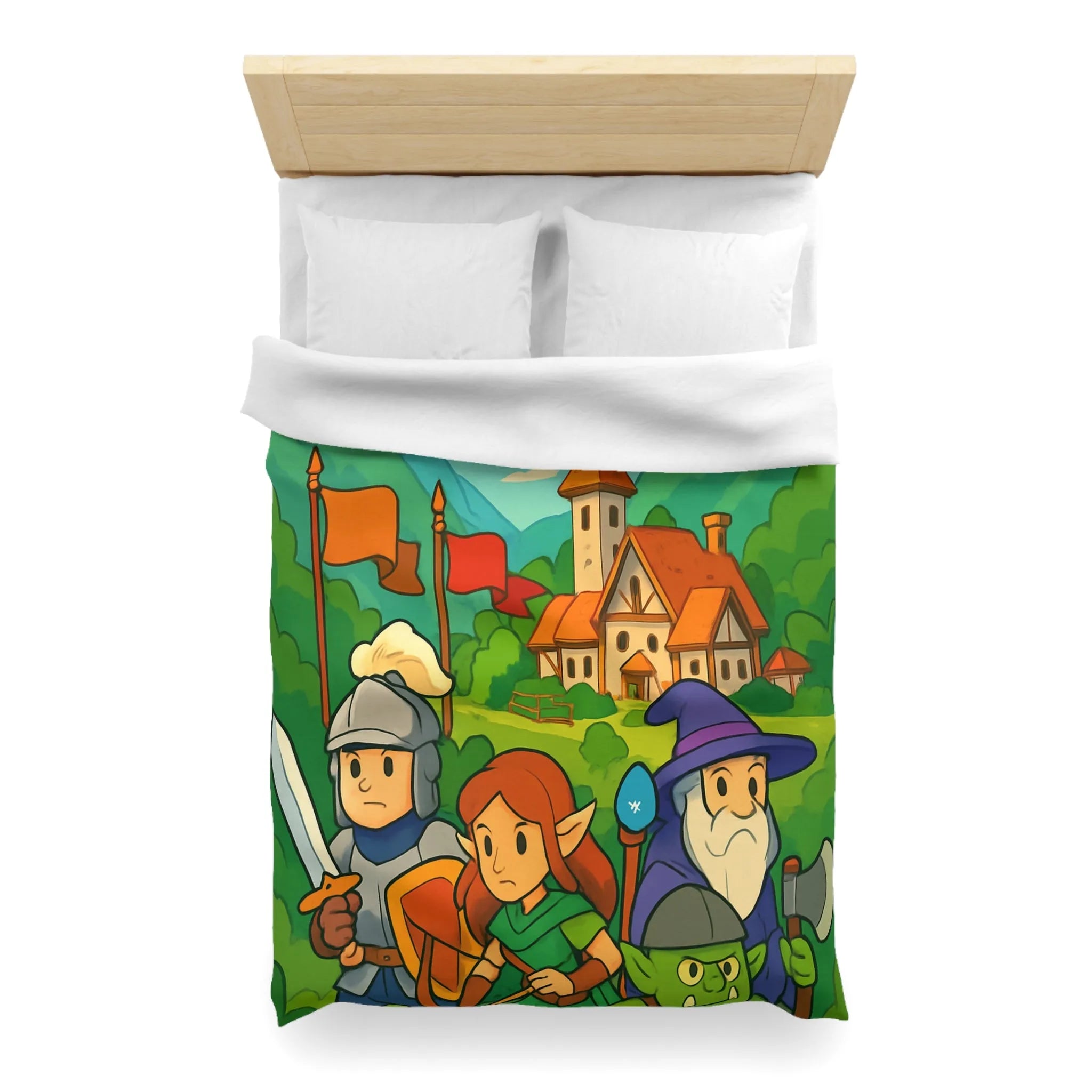 Housse de couette aventure médiévale avec dragons, chevalier, elfe, sorcier et troll