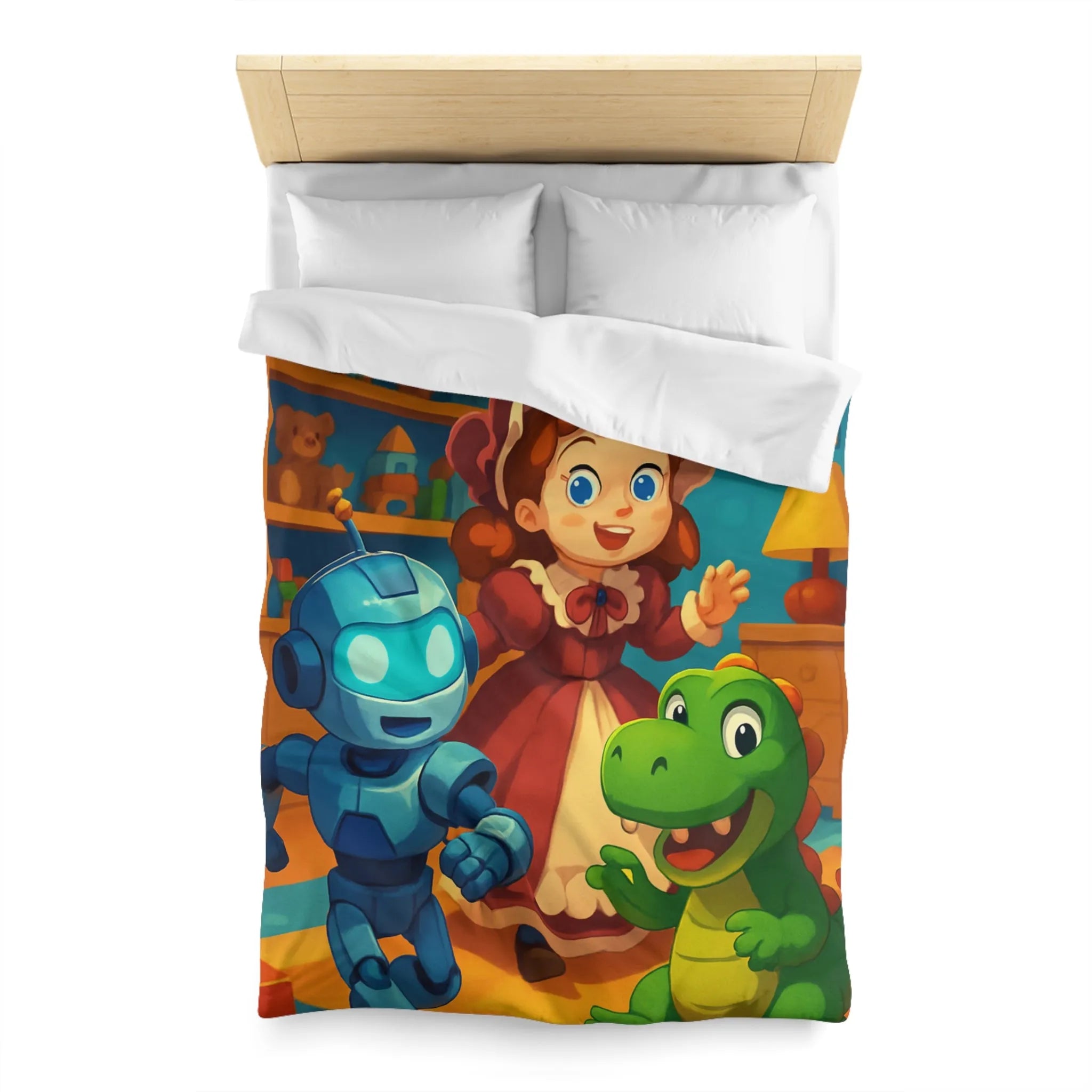 Housse de couette colorée avec robot, dinosaure et poupée en chambre enfantine