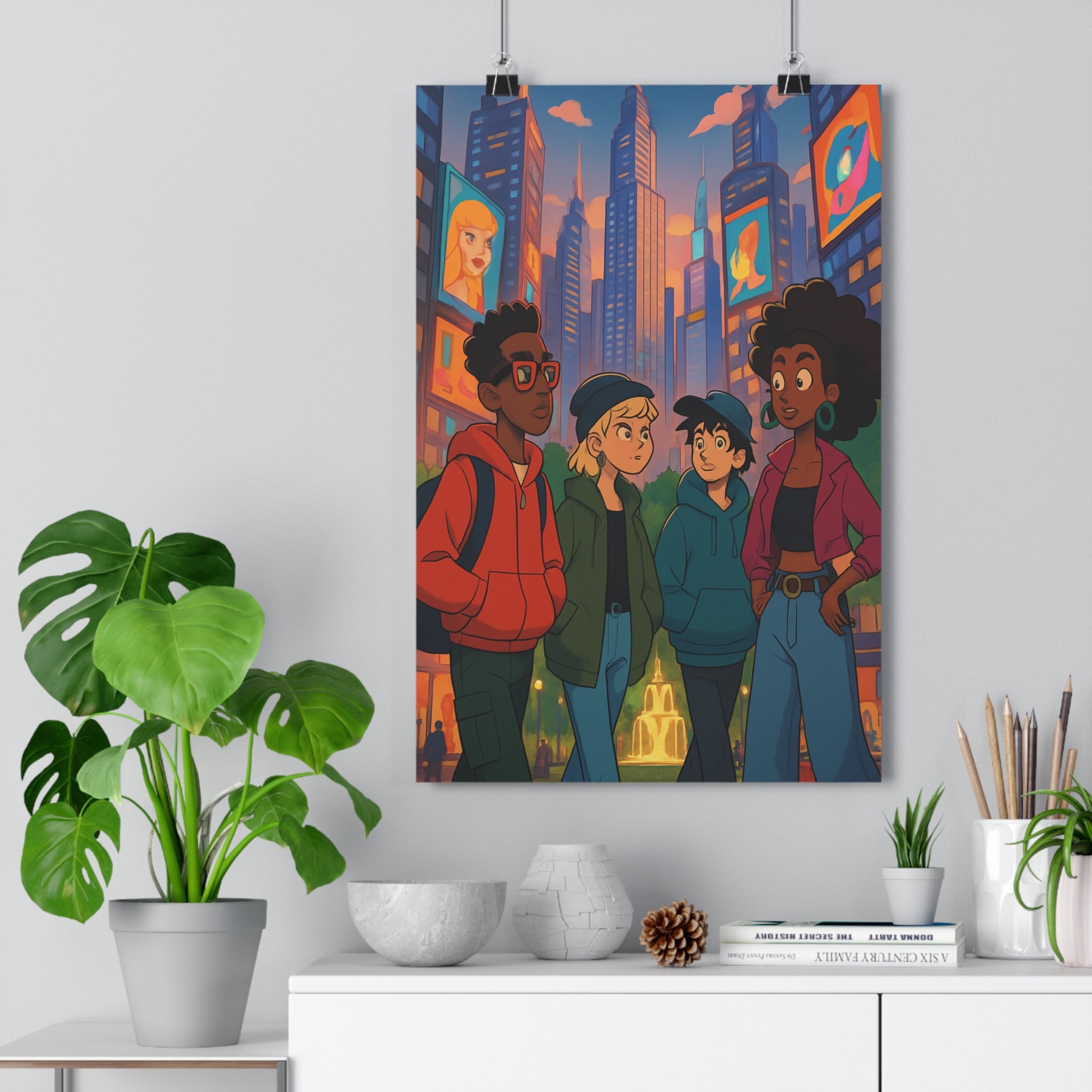 Poster décoratif moderne animé urbain New York gratteciels lumineux orange salon intérieur dynamique 30x46